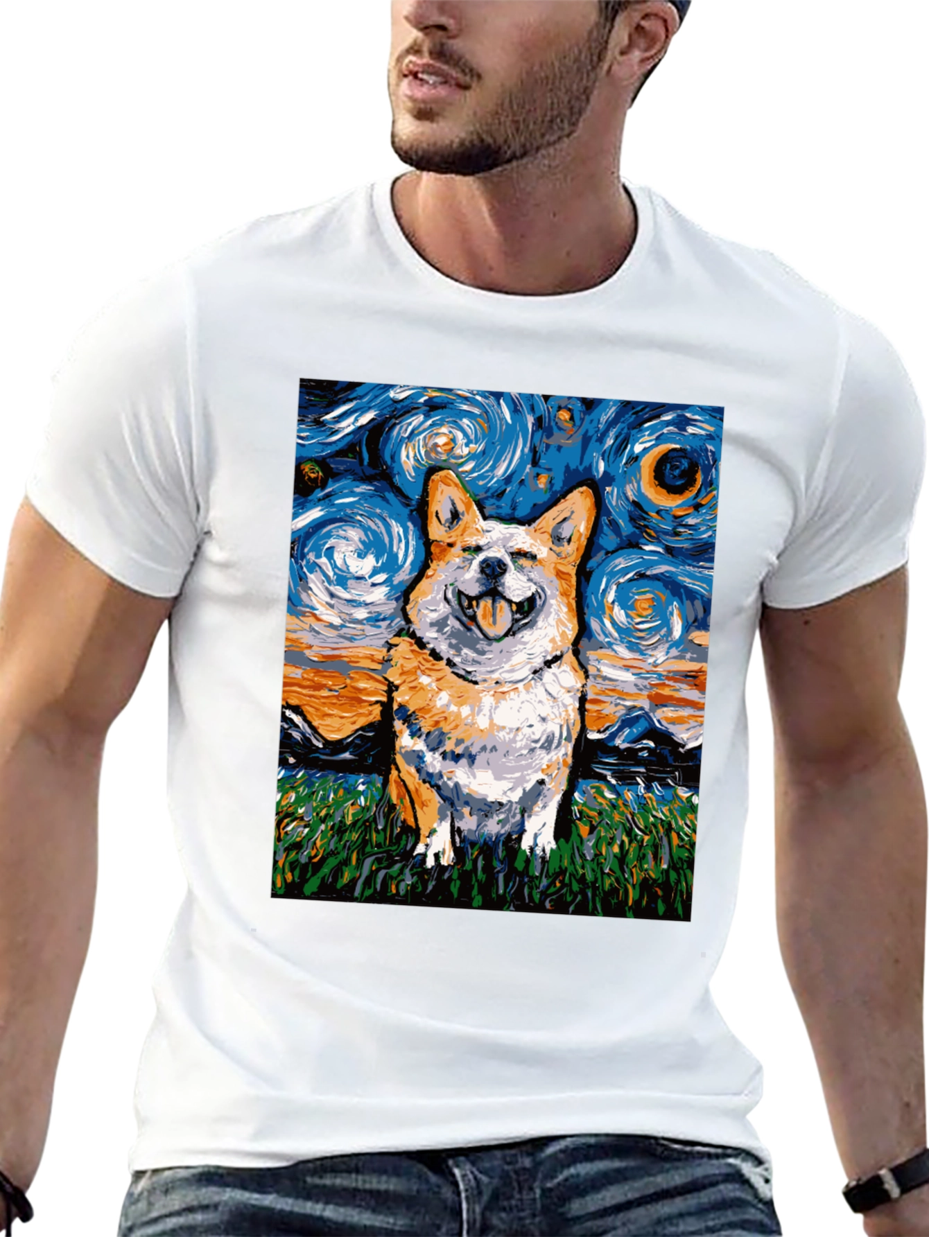 Black Starry Night Corgi T-Shirt - Artistic Dog Lover Tee view 13
