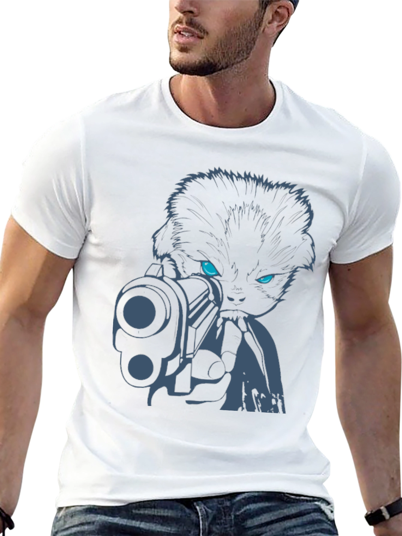 Black Cool Cat with Gun Graphic Tee - Black Cotton T-Shirt view 13