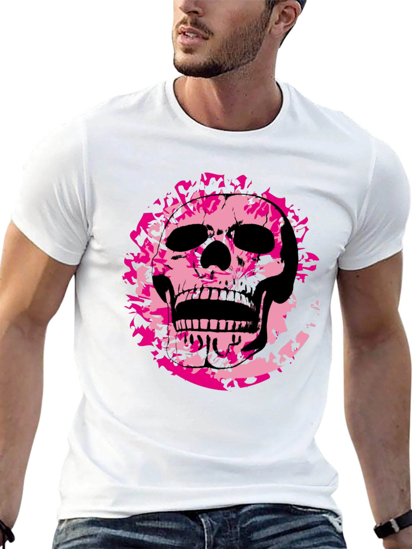 Black Edgy Pink Skull Graphic Black T-Shirt view 13