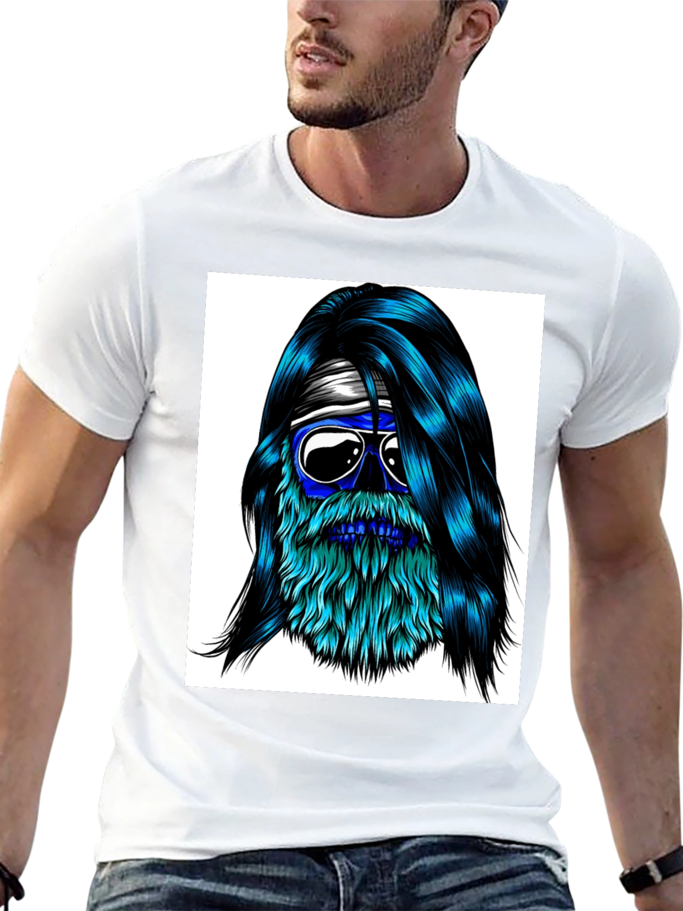 Black Cool Blue Bearded Skull T-Shirt view 13