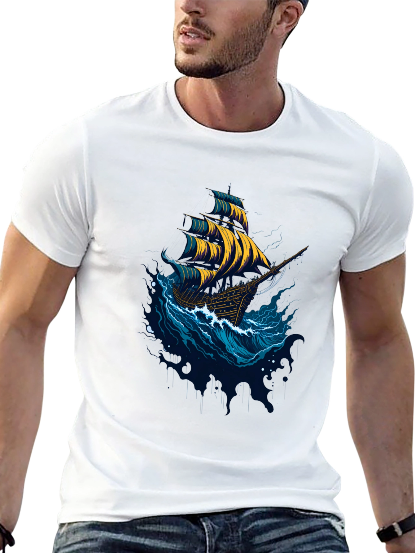 Black Nautical Ship Graphic Tee - Black Cotton T-Shirt view 13