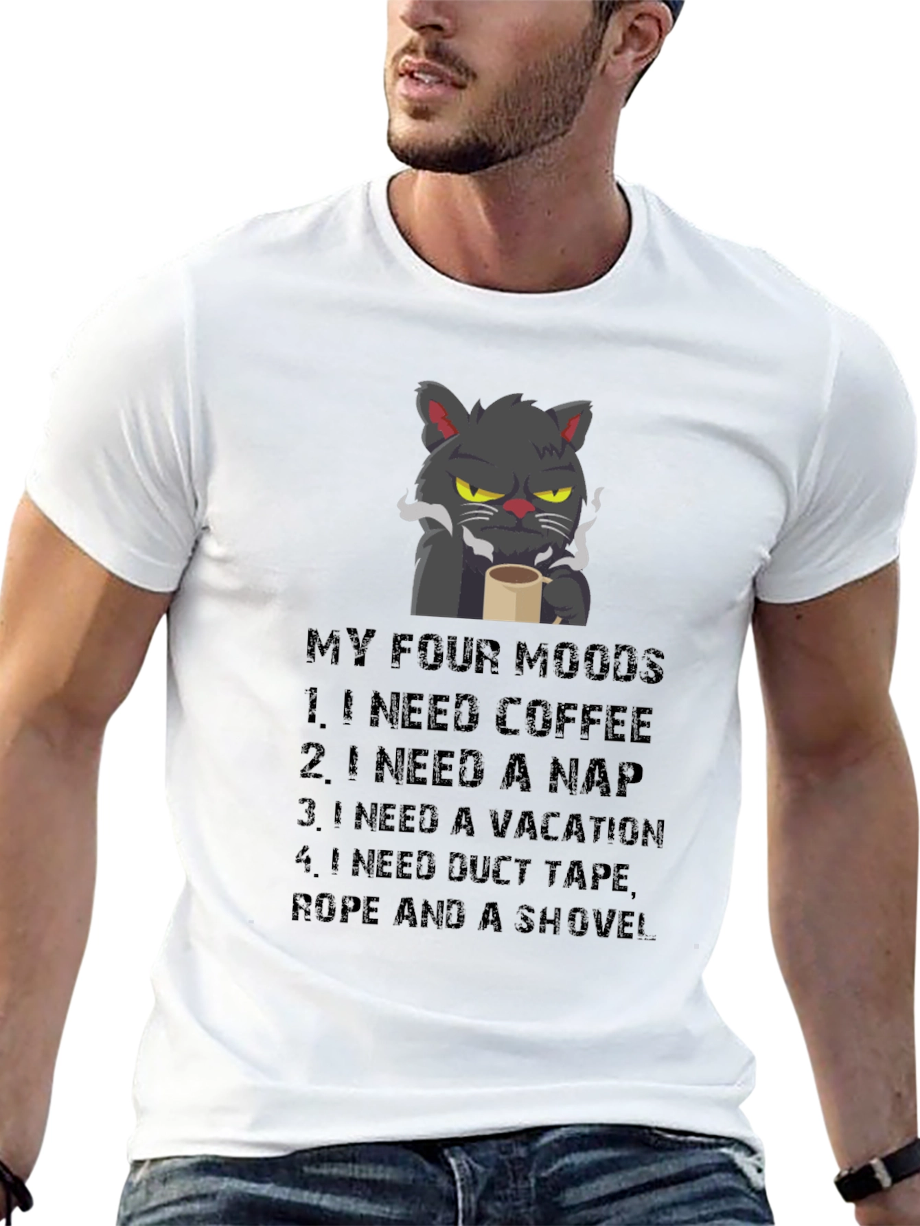 Black Funny Cat Moods T-Shirt - Coffee, Naps, Vacation, Duct Tape view 13
