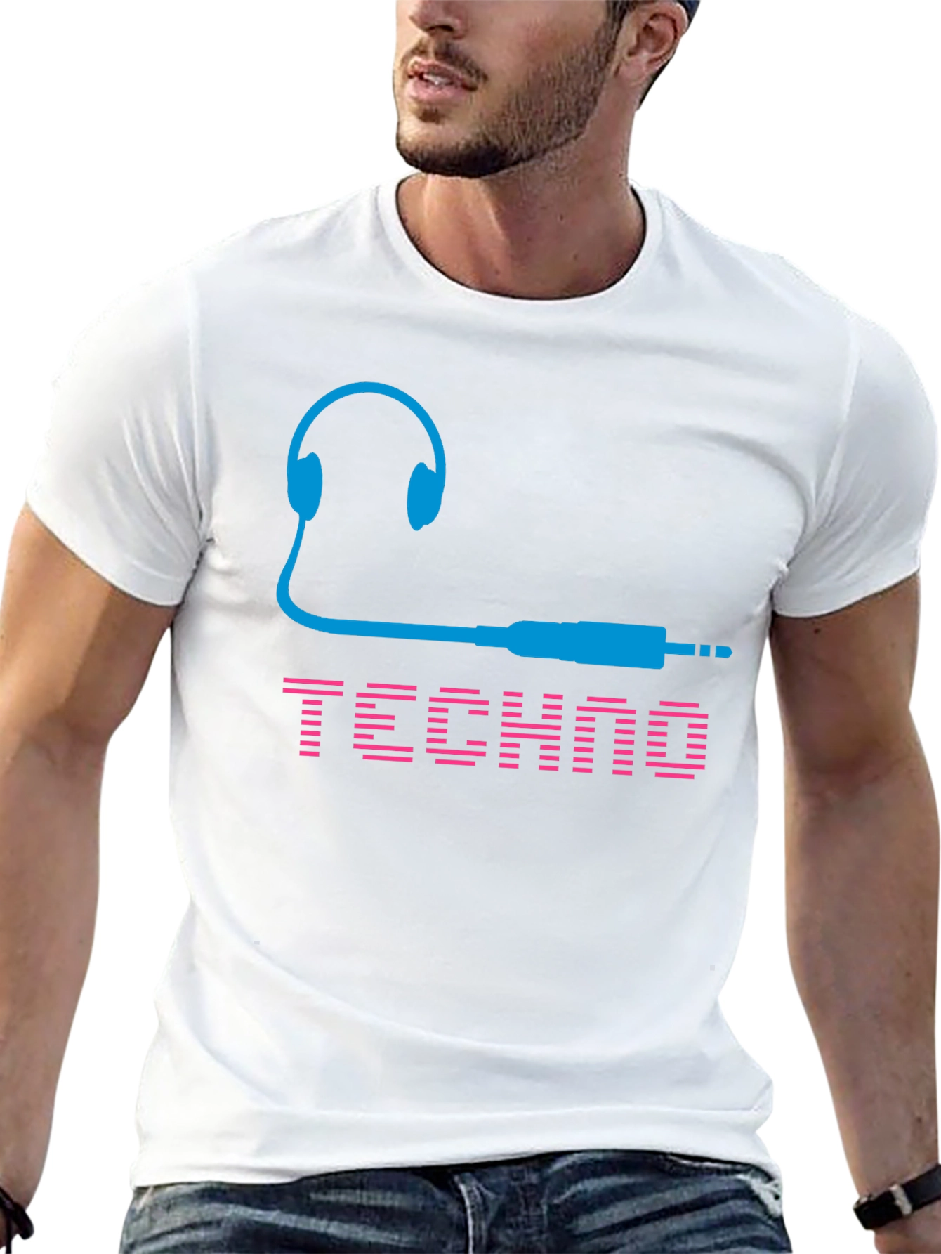 Black Techno Music T-Shirt - Headphones and Audio Jack Design view 13