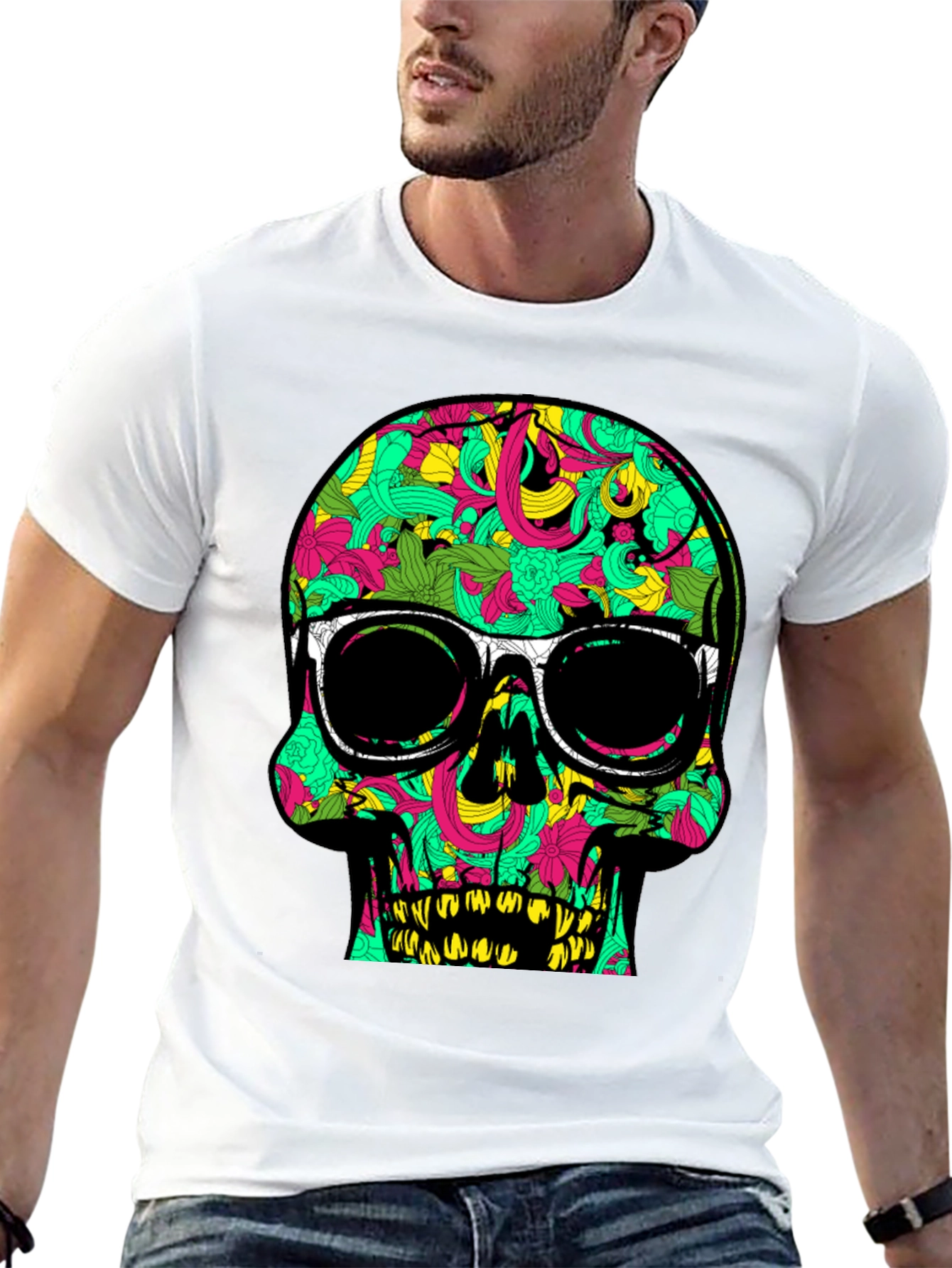 Black Cool Skull T-Shirt with Floral Pattern and Sunglasses view 13