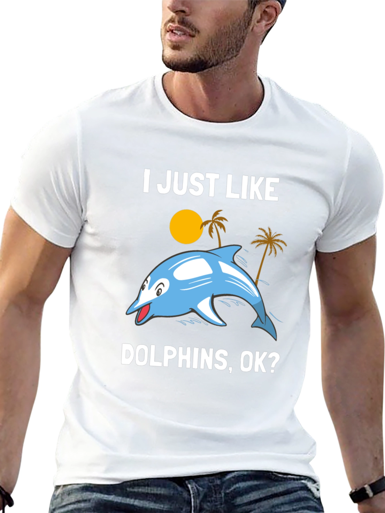 Black I Just Like Dolphins, OK? Graphic T-Shirt view 13