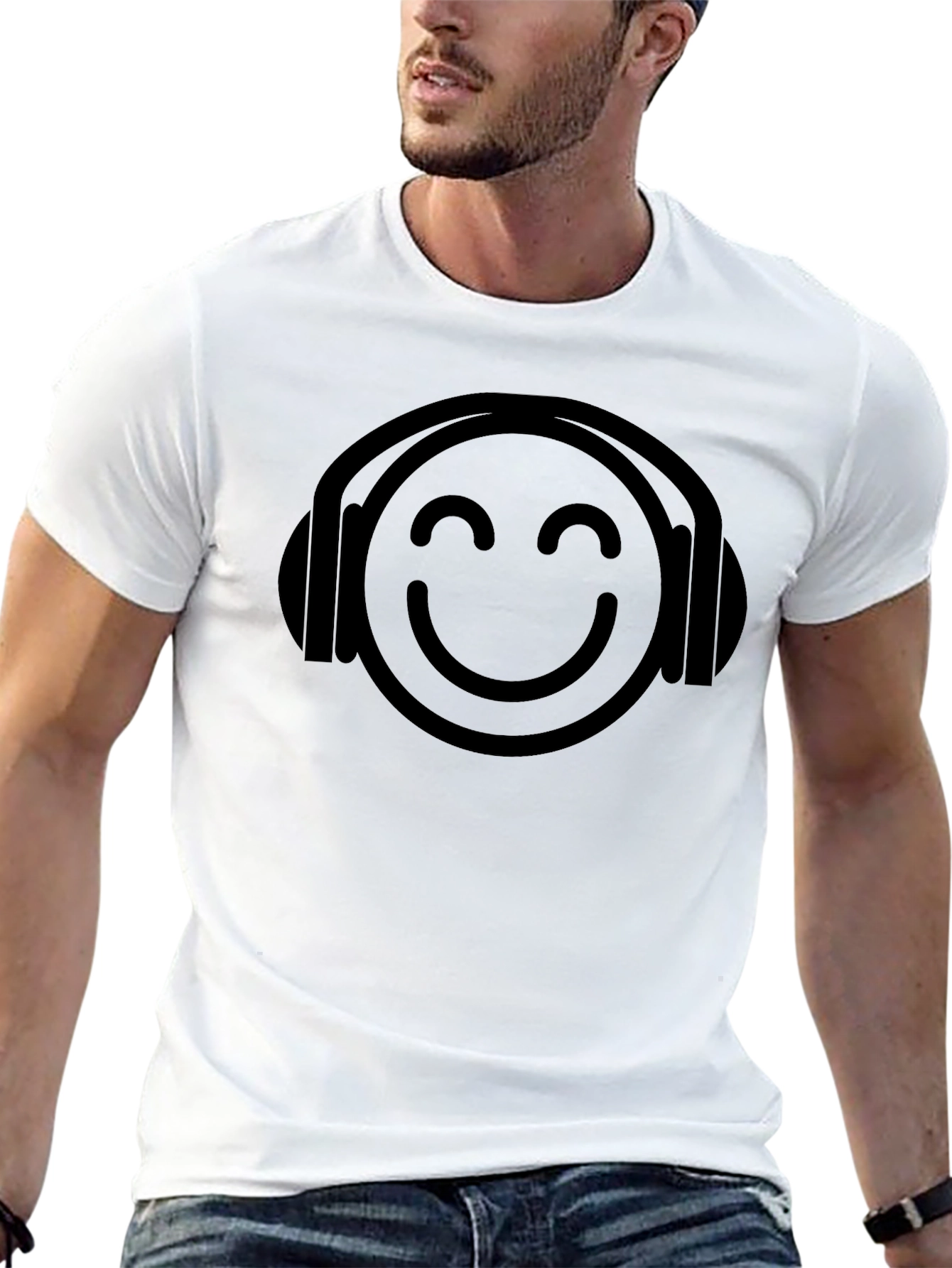 Black Smiley Face Headphones Black T-Shirt view 13