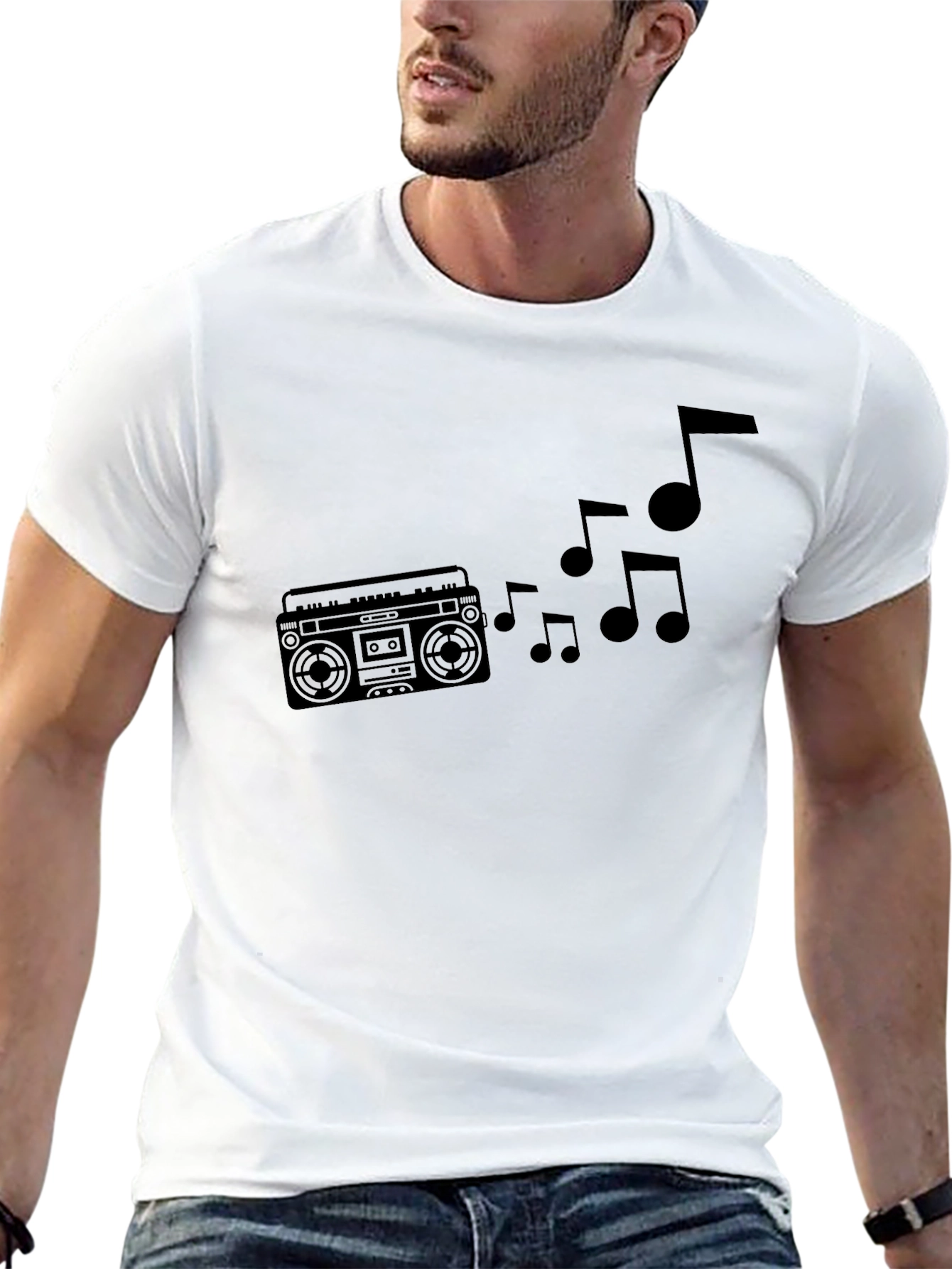 Black Retro Boombox & Music Notes Graphic T-Shirt view 13