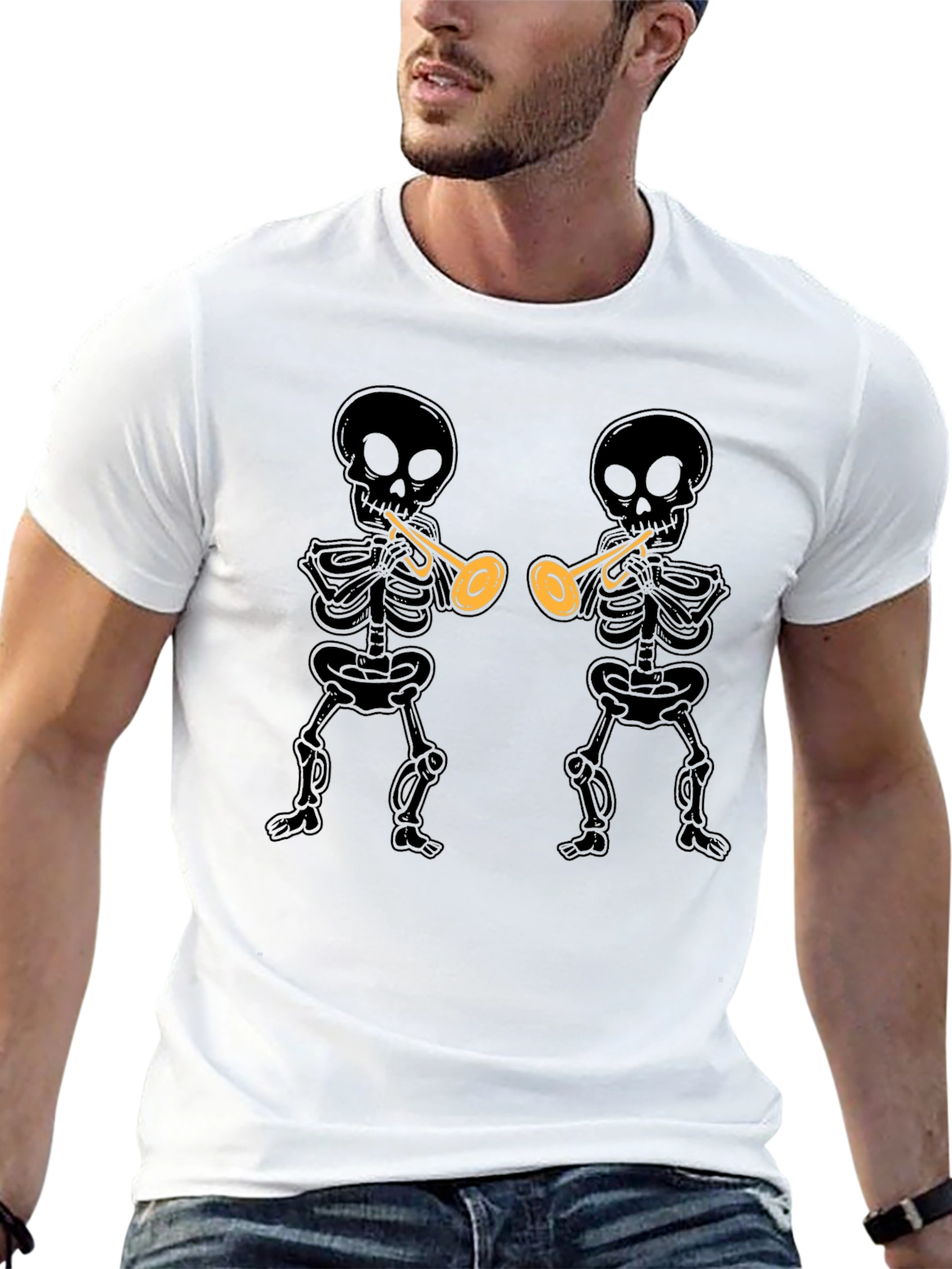 Black Skeleton Trumpet T-Shirt - Black Graphic Tee view 13