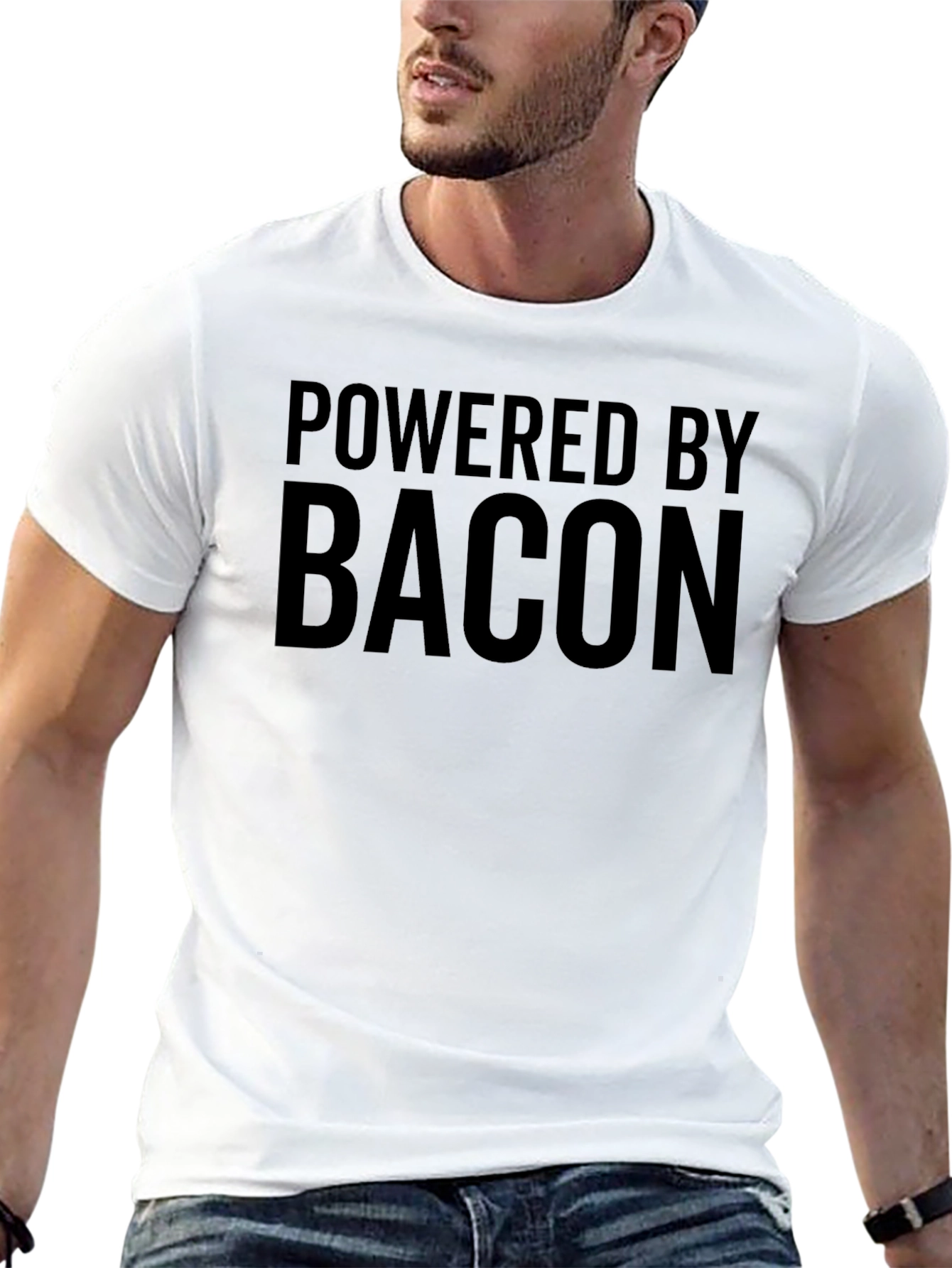 Black Powered by Bacon - Funny Graphic T-Shirt view 13