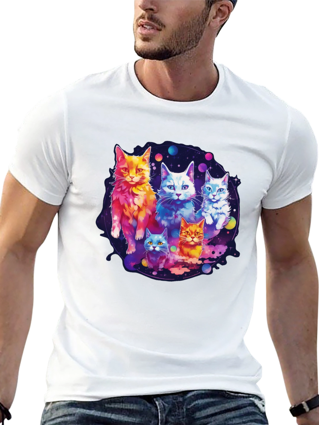 Black Cosmic Cat Crew T-Shirt - Galaxy Feline Design view 13