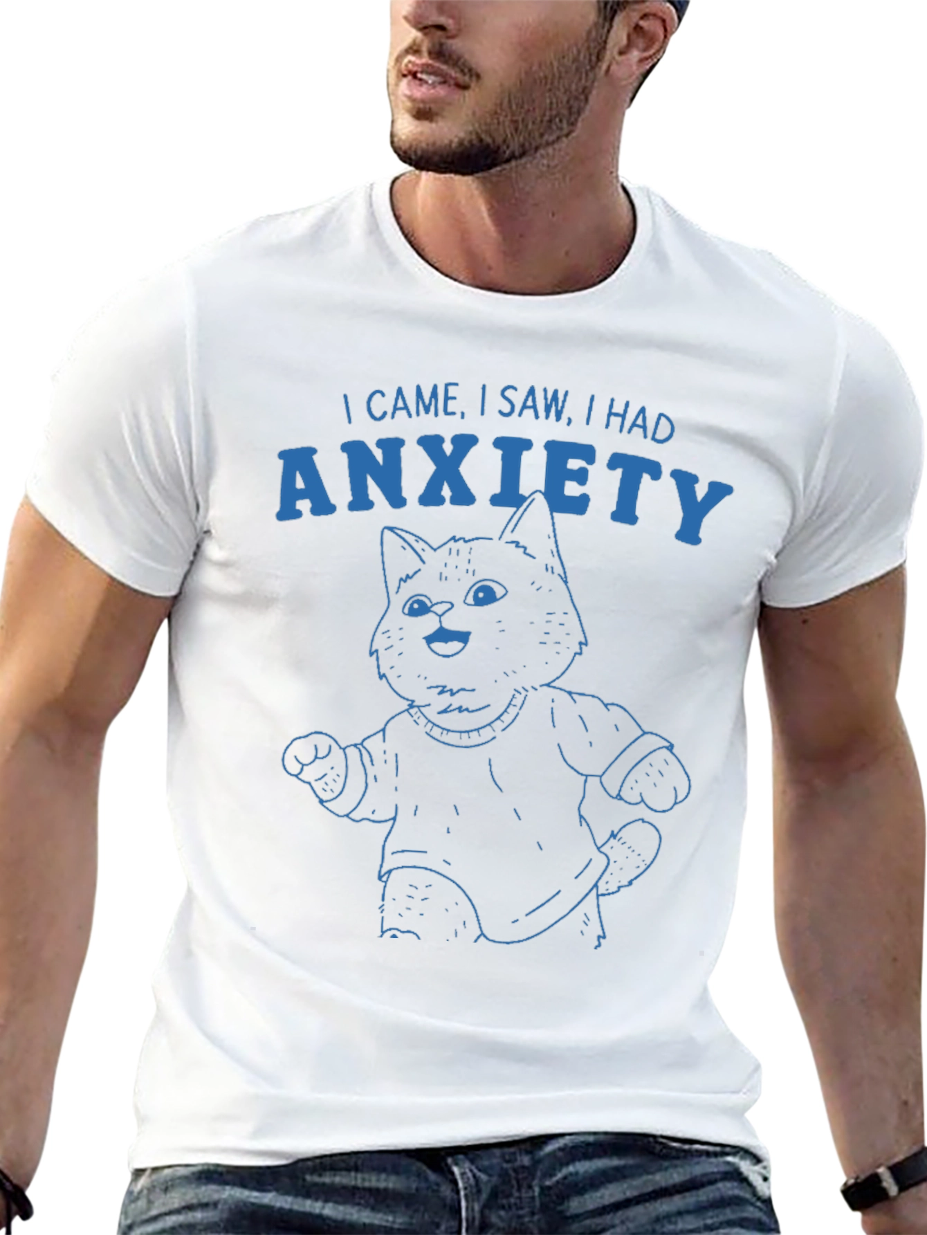 Black Anxiety Cat Graphic T-Shirt - Humorous Tee view 13