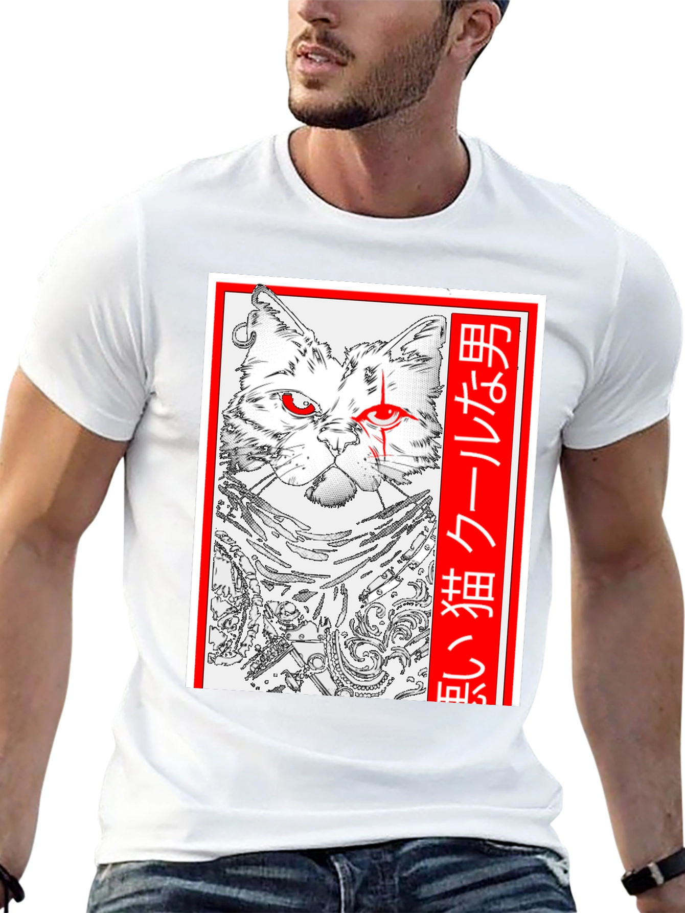Black Cool Cat Anime Graphic T-Shirt - Black view 13