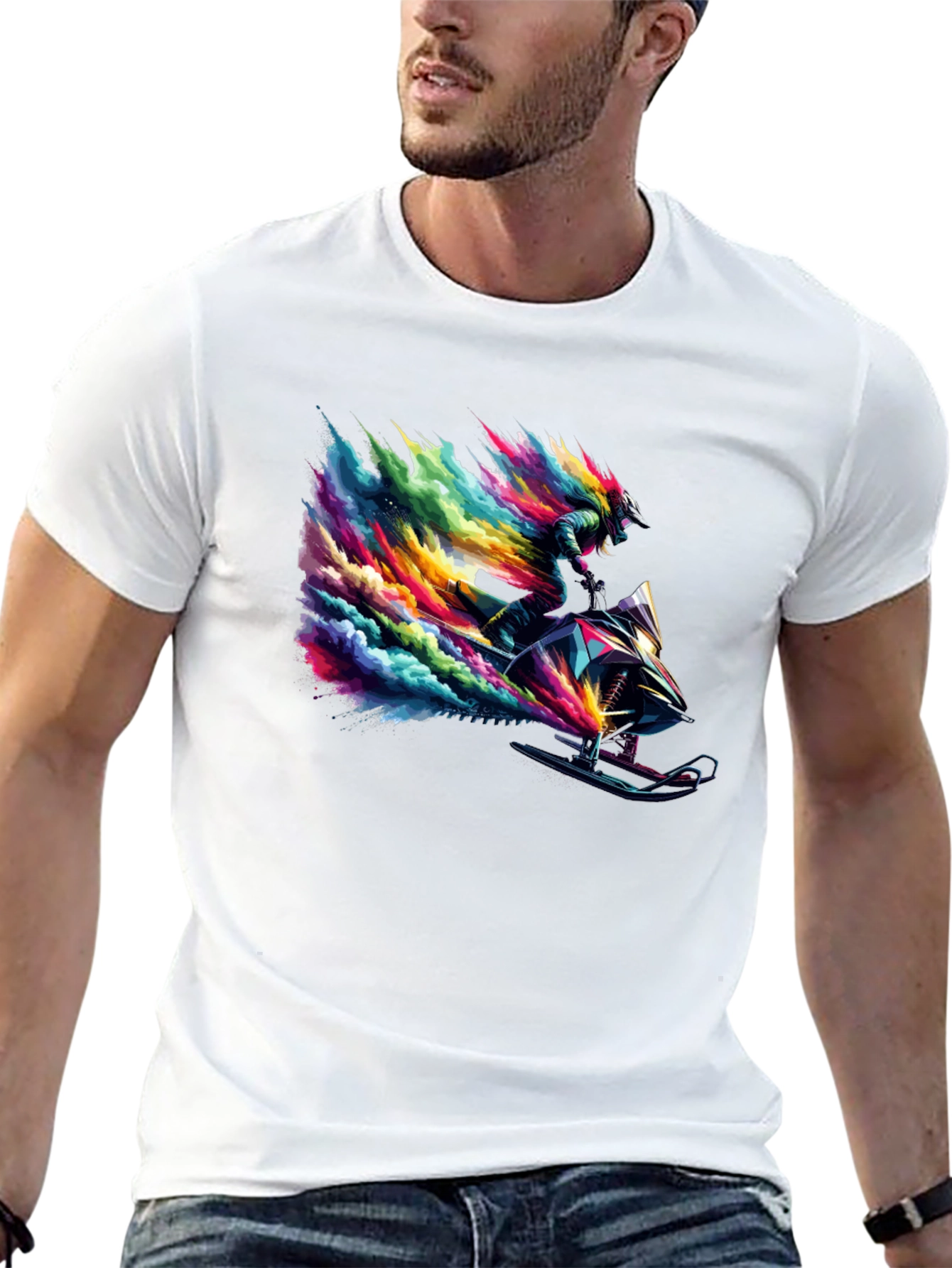 Black Colorful Snowmobile Rider Graphic Tee - Cool Design view 13