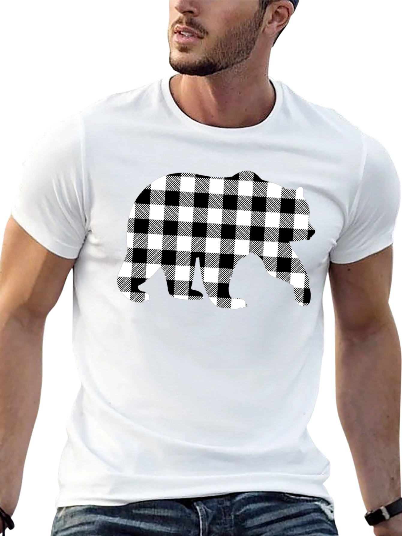 Black Plaid Bear Graphic Tee - Stylish Men's Black T-Shirt view 13