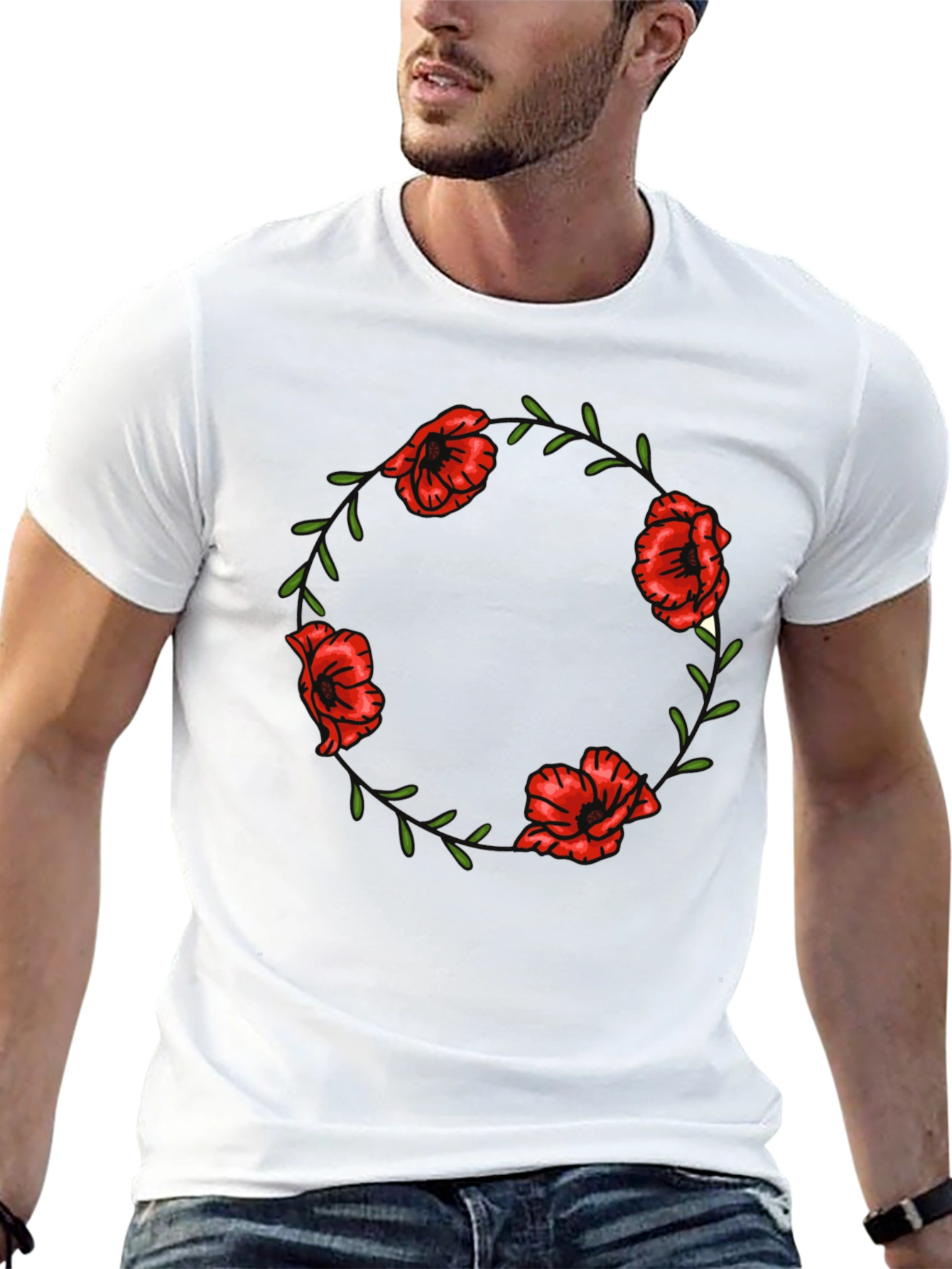 Black Floral Poppy Wreath Graphic Tee - Black Cotton T-Shirt view 13