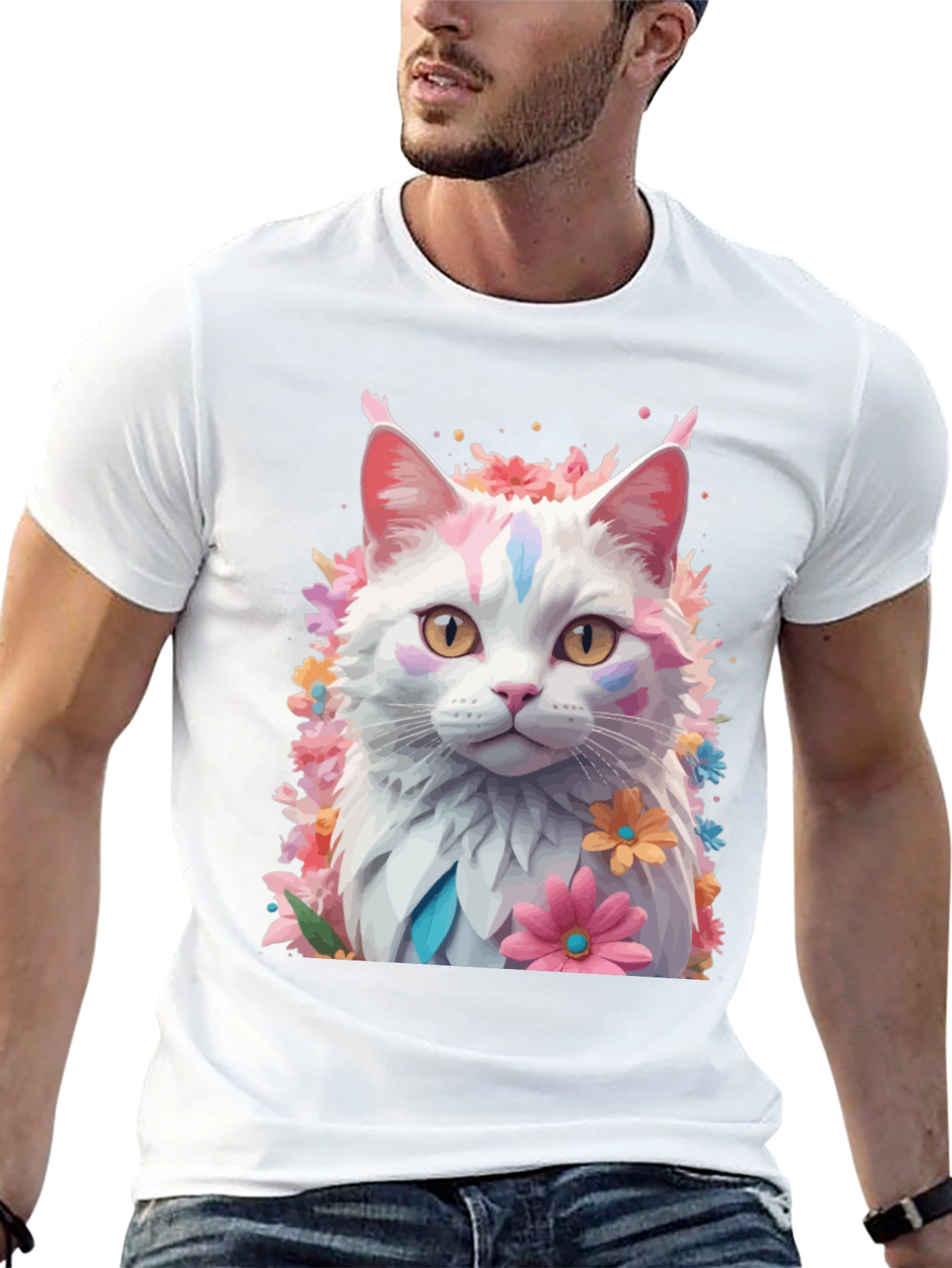 Black Floral Cat T-Shirt - Artistic Graphic Tee view 13