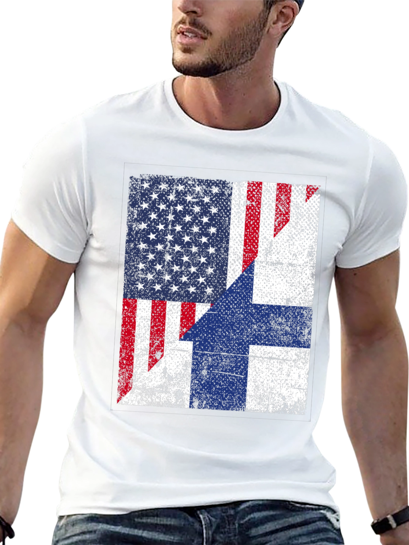 Black USA Finland Flag Graphic Print T-Shirt view 13
