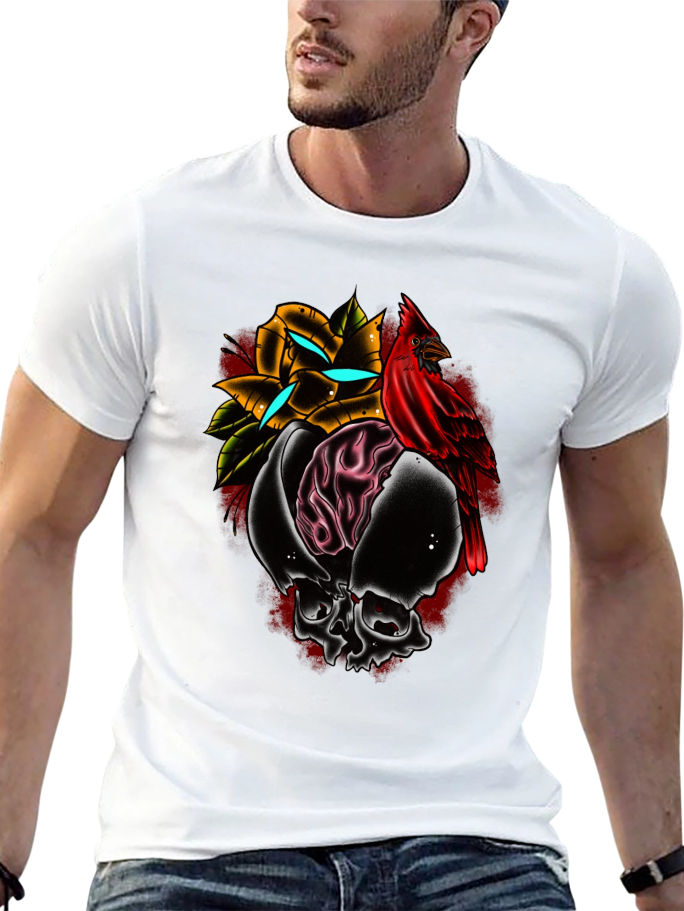 Black Skull Rose Cardinal Graphic Tee - Edgy Menswear view 13