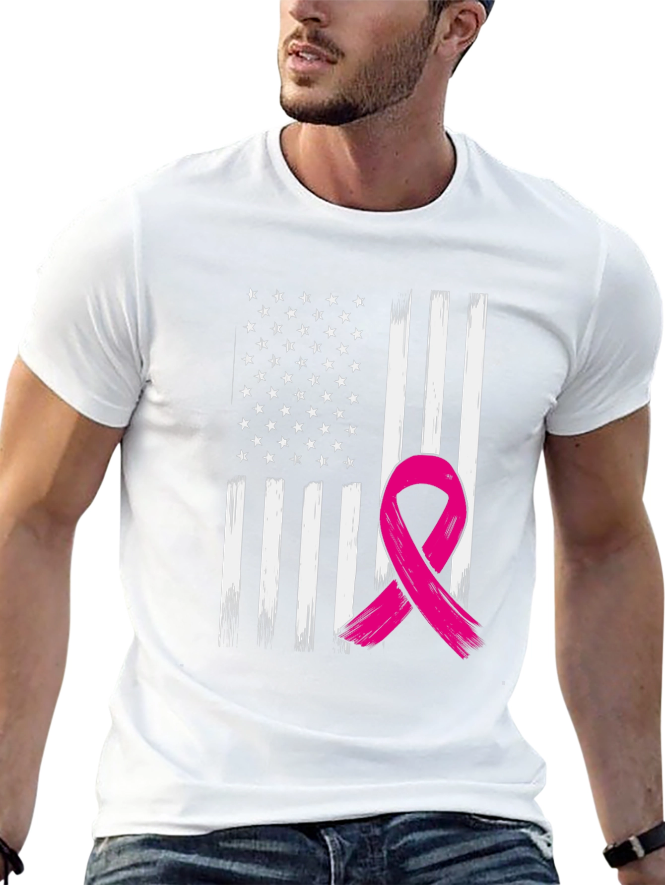 Black American Flag Breast Cancer Awareness T-Shirt view 13