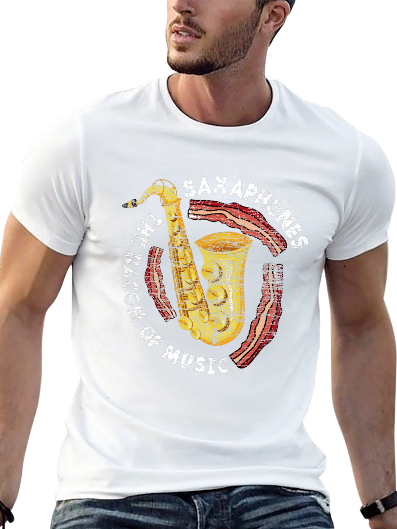 Black Saxophones Bacon of Music Graphic T-Shirt view 13