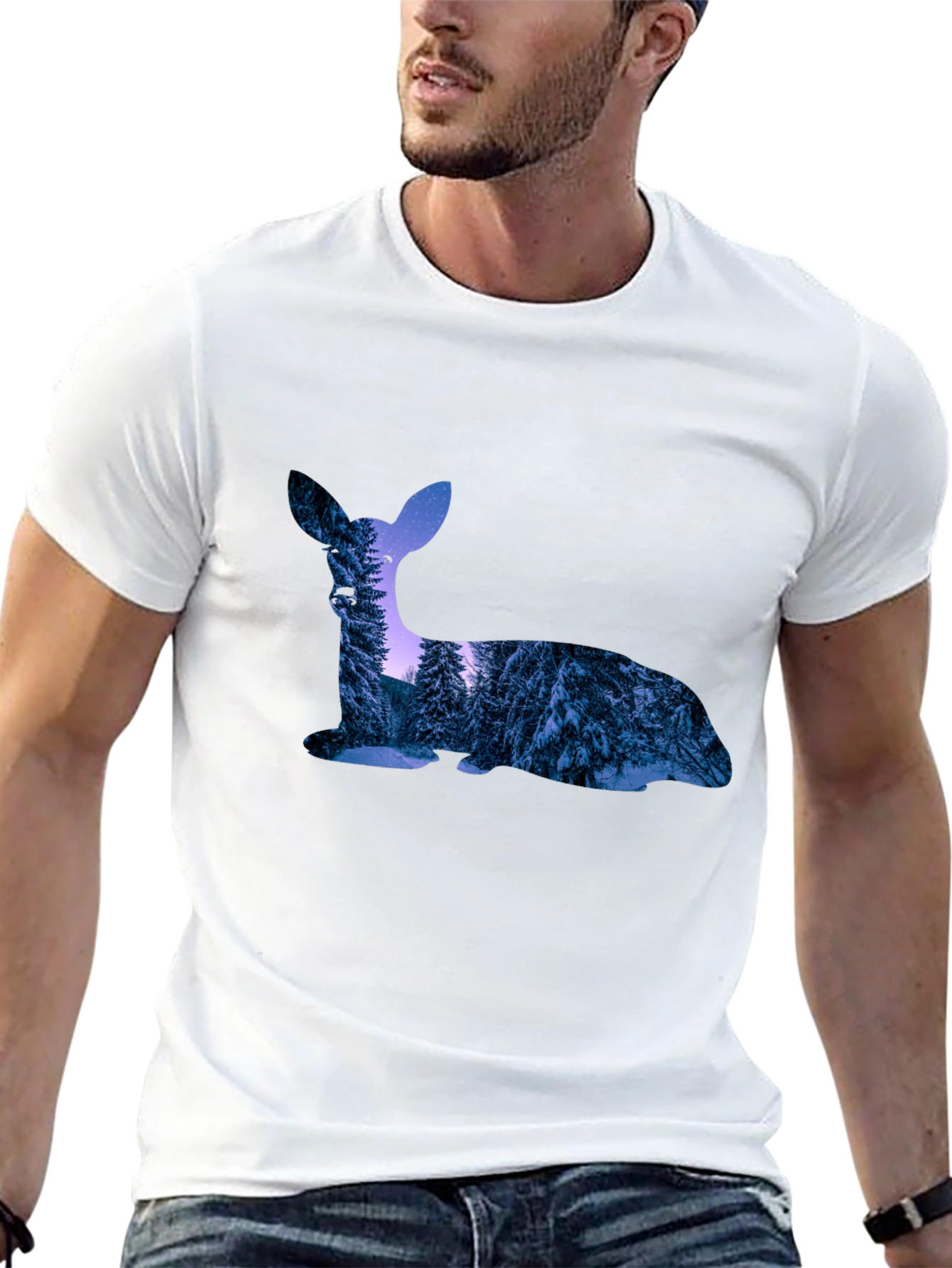 Black Deer Silhouette Winter Forest Graphic T-Shirt view 13