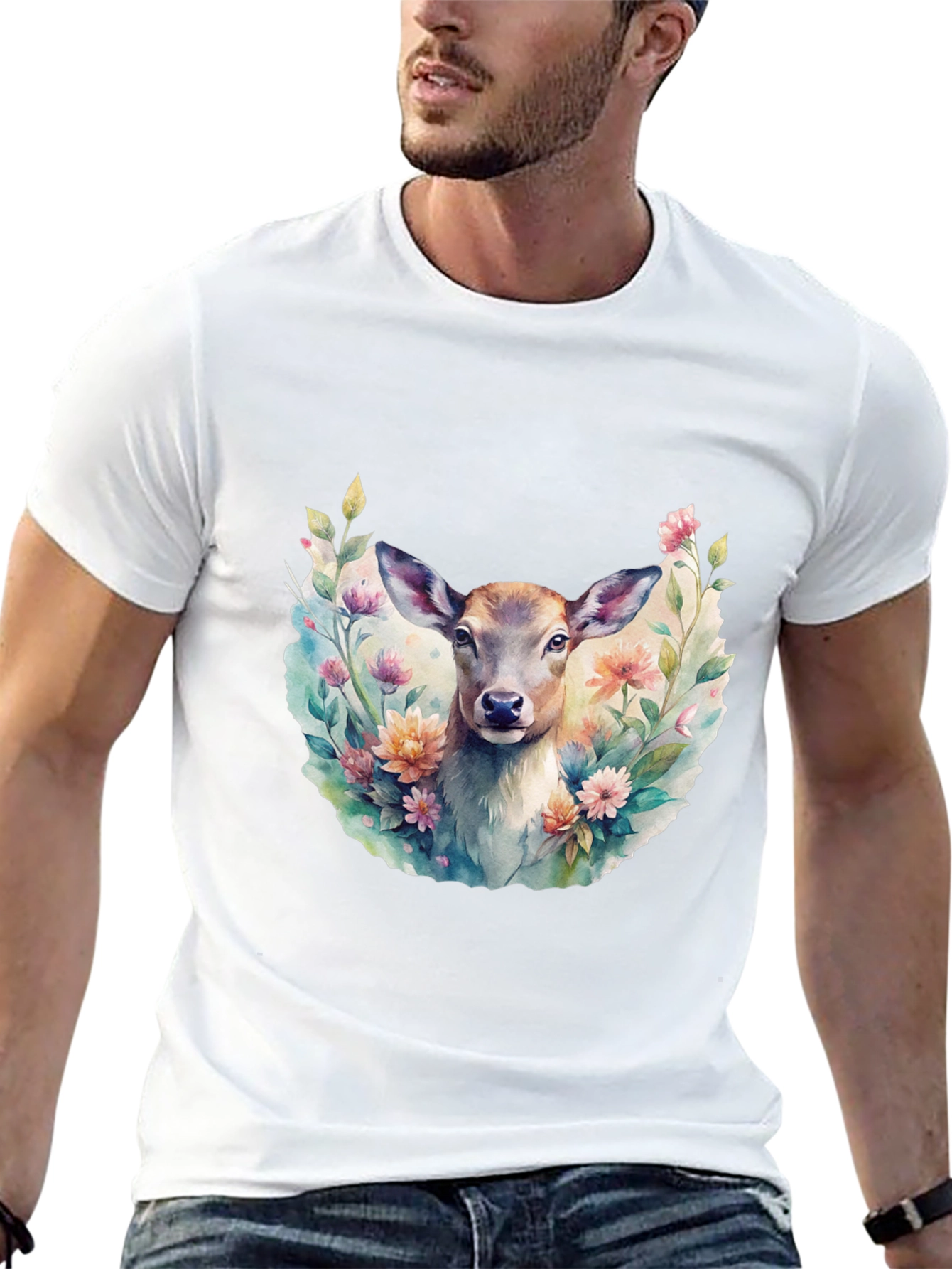 Black Floral Deer Graphic Tee - Stylish Men's Black T-Shirt view 13