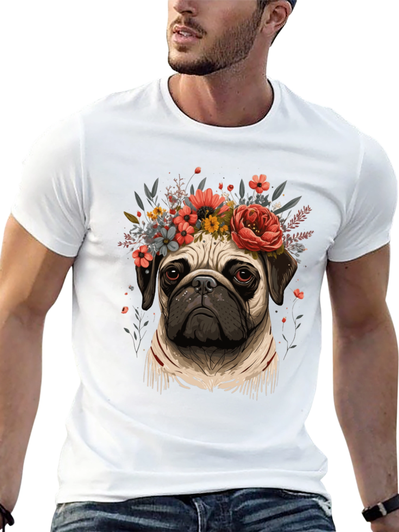 Black Floral Pug Graphic Tee - Black Cotton Blend view 13