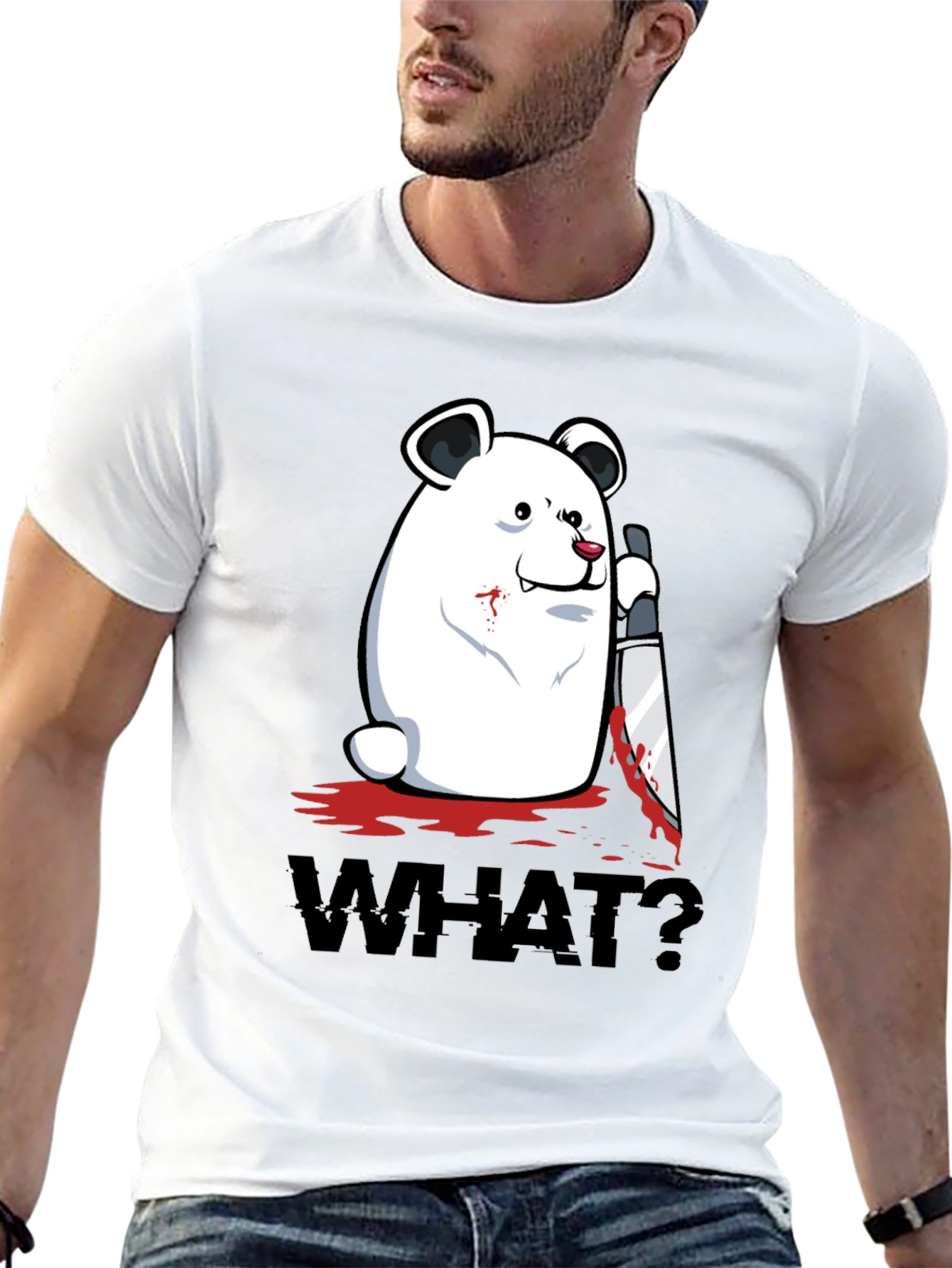Black Creepy Polar Bear "WHAT?" Graphic T-Shirt view 13