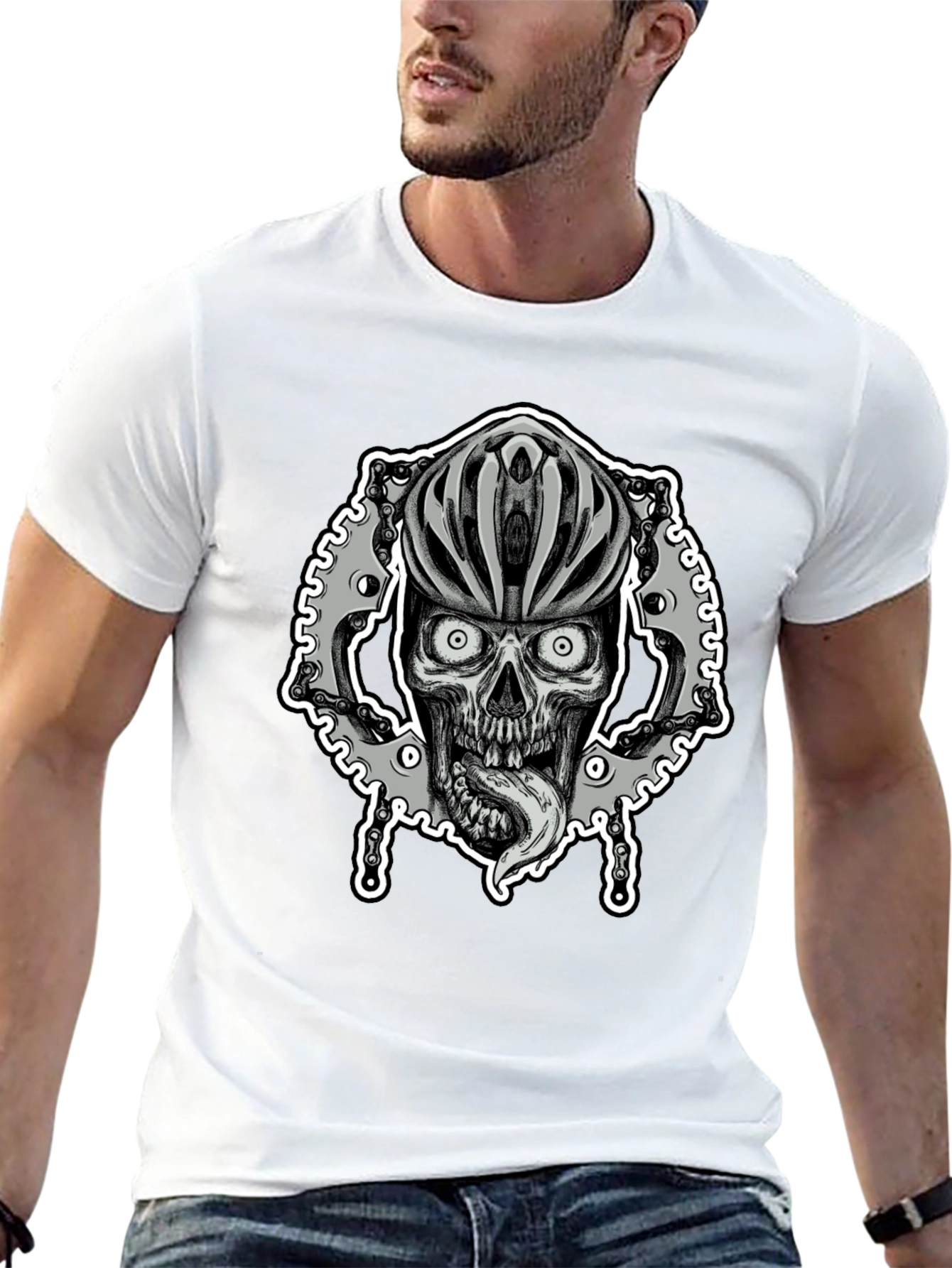 Black Biker Skull Graphic Tee - Black Cotton Blend view 13