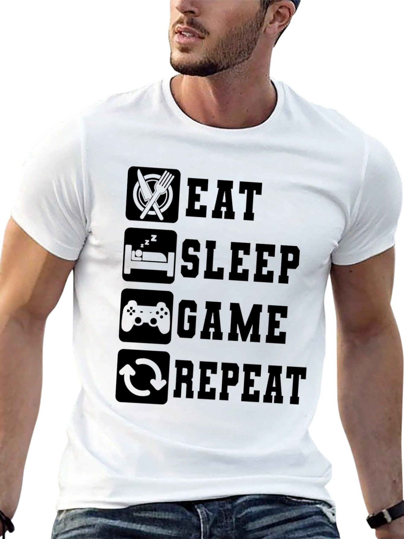 Black Eat Sleep Game Repeat Black Graphic Tee view 13