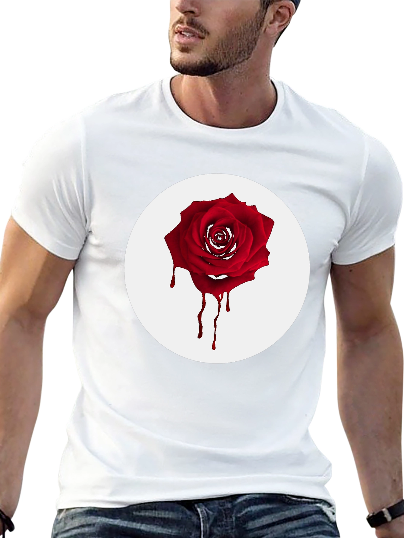Black Men's Black T-Shirt with Bleeding Rose Graphic view 13