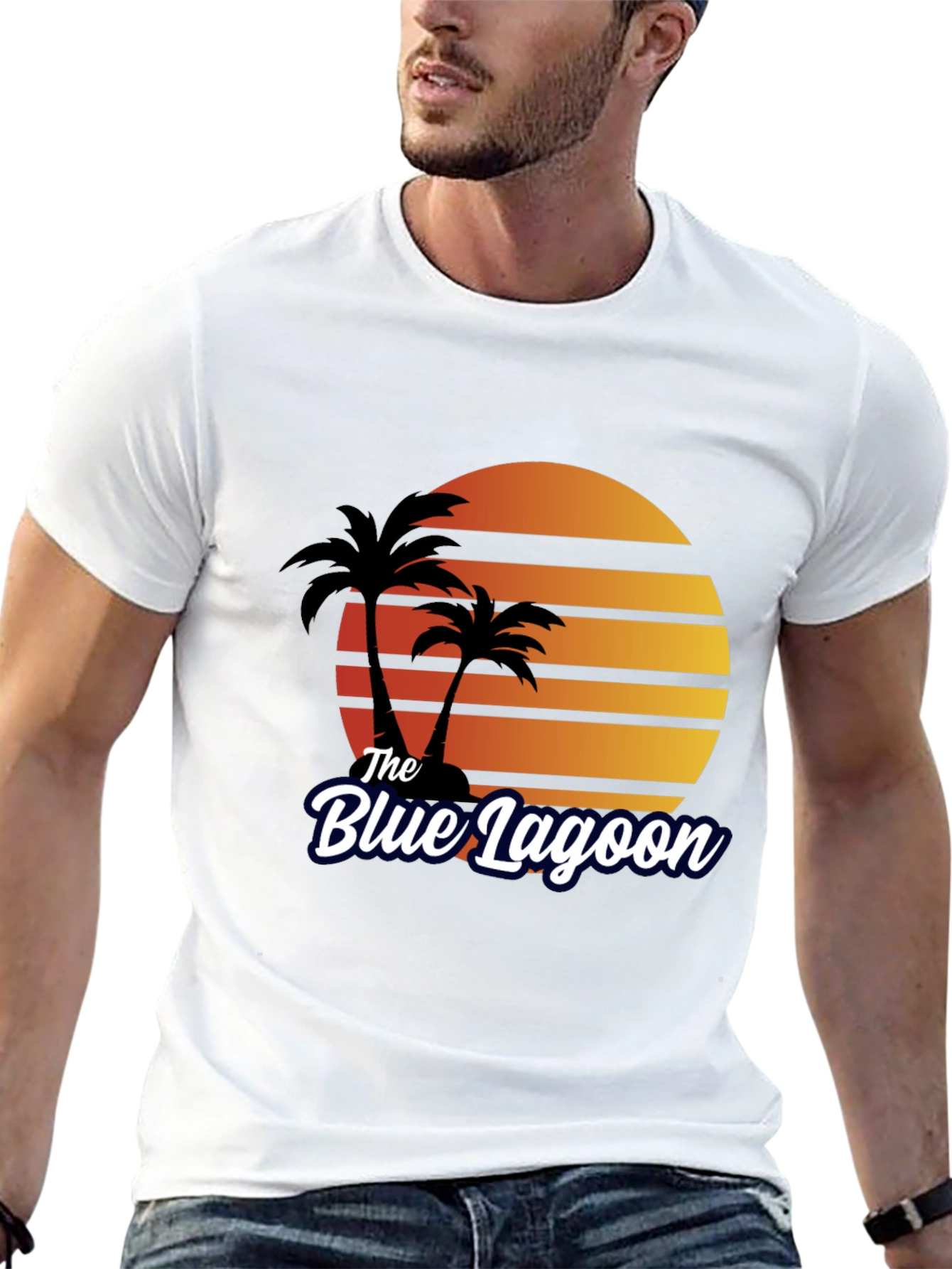 Black The Blue Lagoon Retro T-Shirt - Palm Tree Sunset Tee view 13