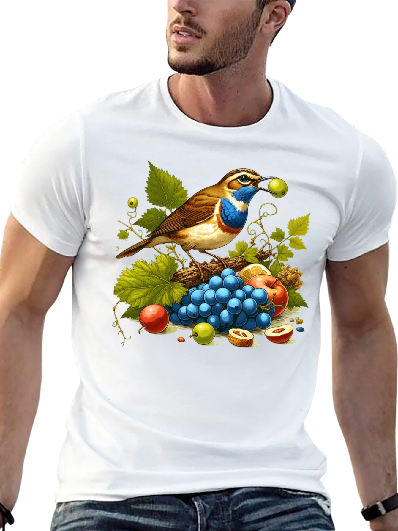 Black Bird and Fruit Graphic T-Shirt - Unisex Black Tee view 13