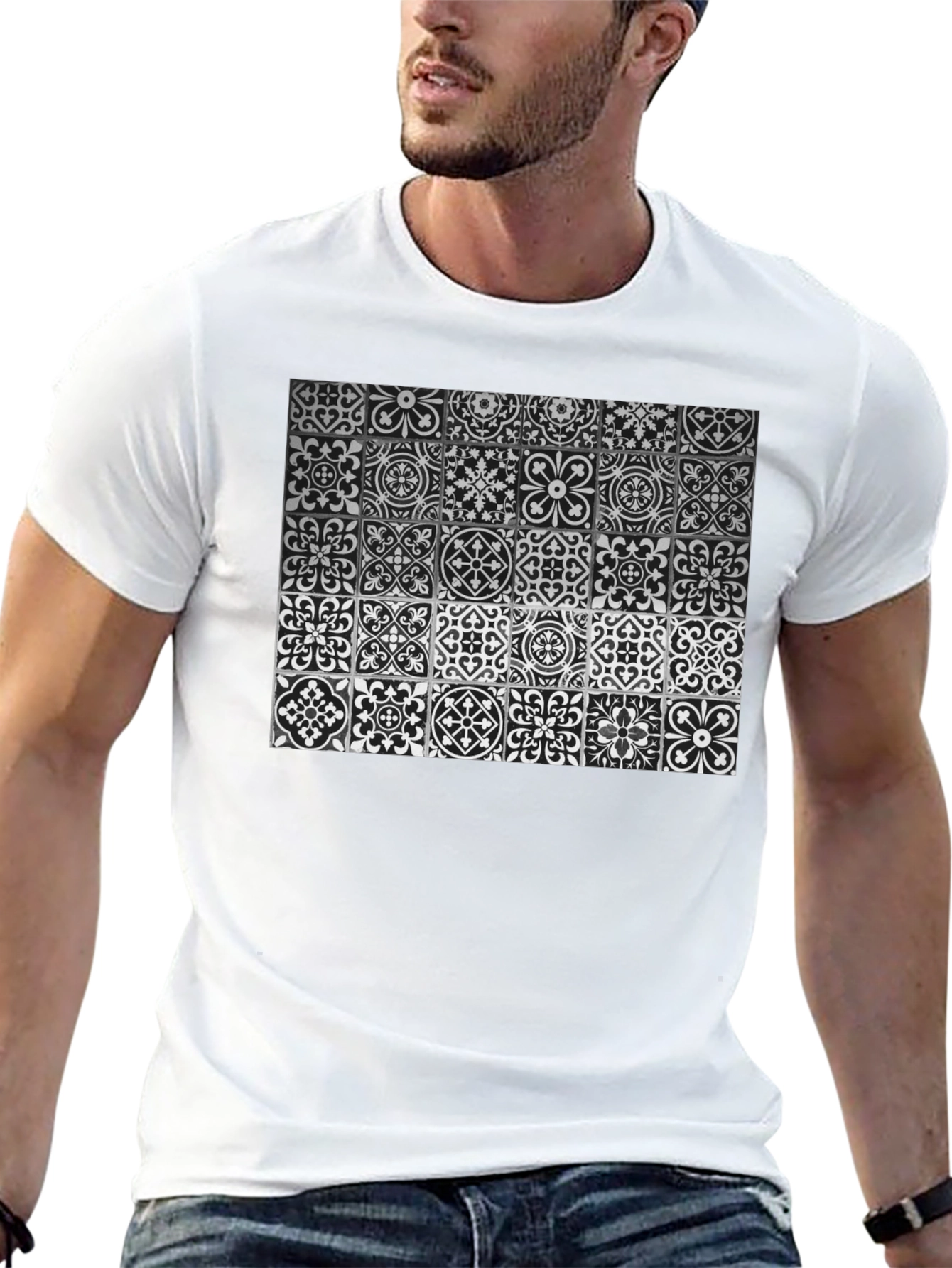 Black Patterned Tile Print Black T-Shirt view 13