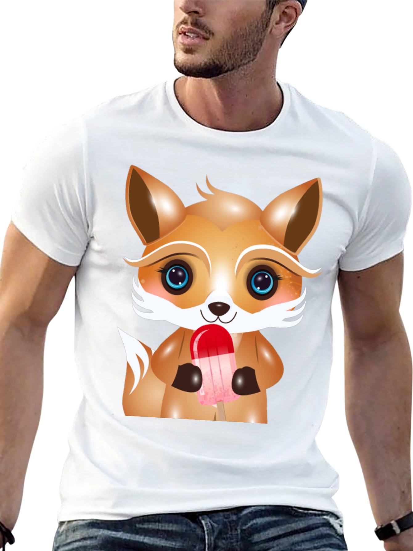 Black Cute Cartoon Fox Ice Cream Graphic Tee view 13