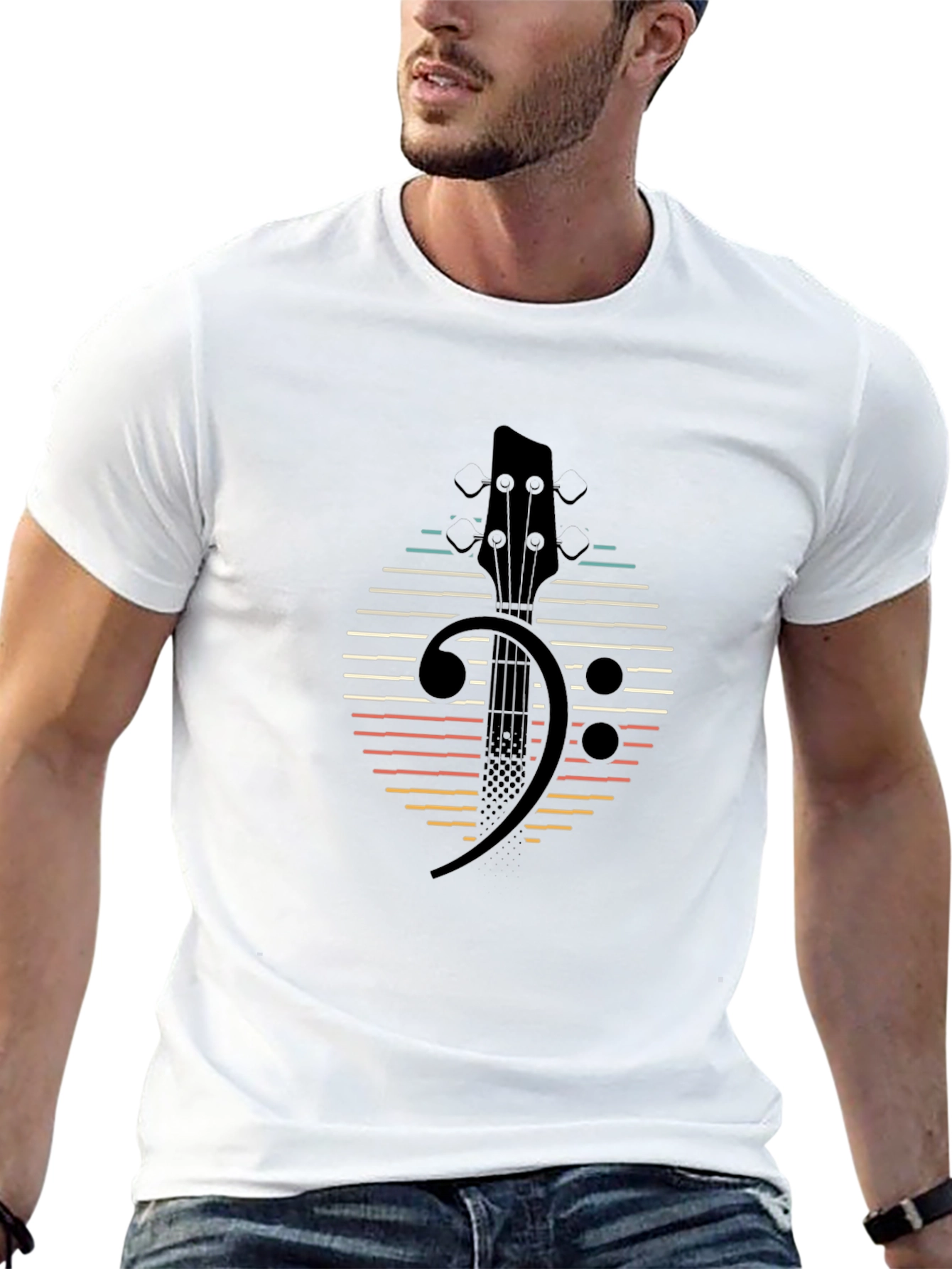 Black Bass Clef Guitar Retro Style T-Shirt view 13