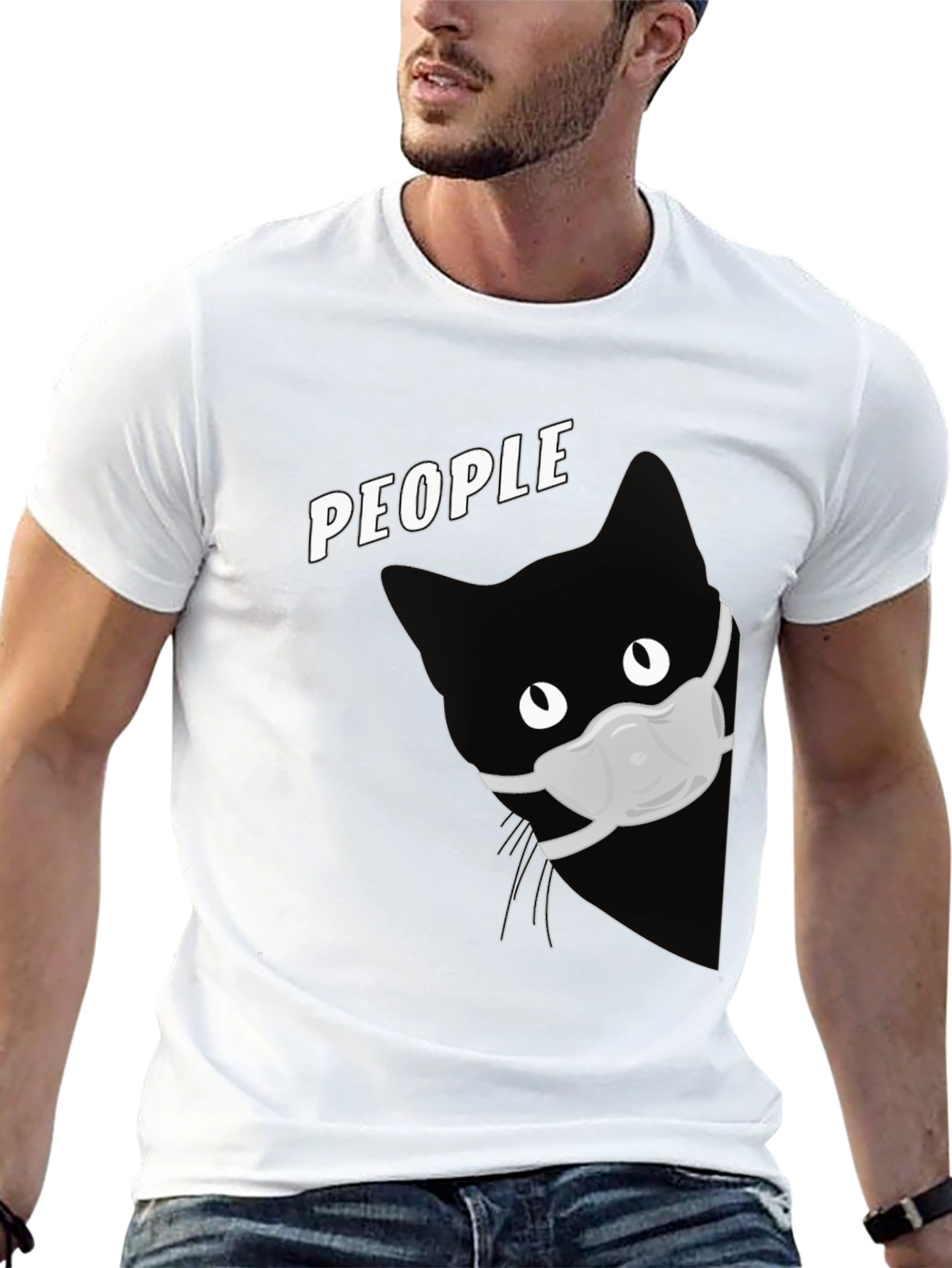 Black Cat with Mask Graphic T-Shirt - People view 13