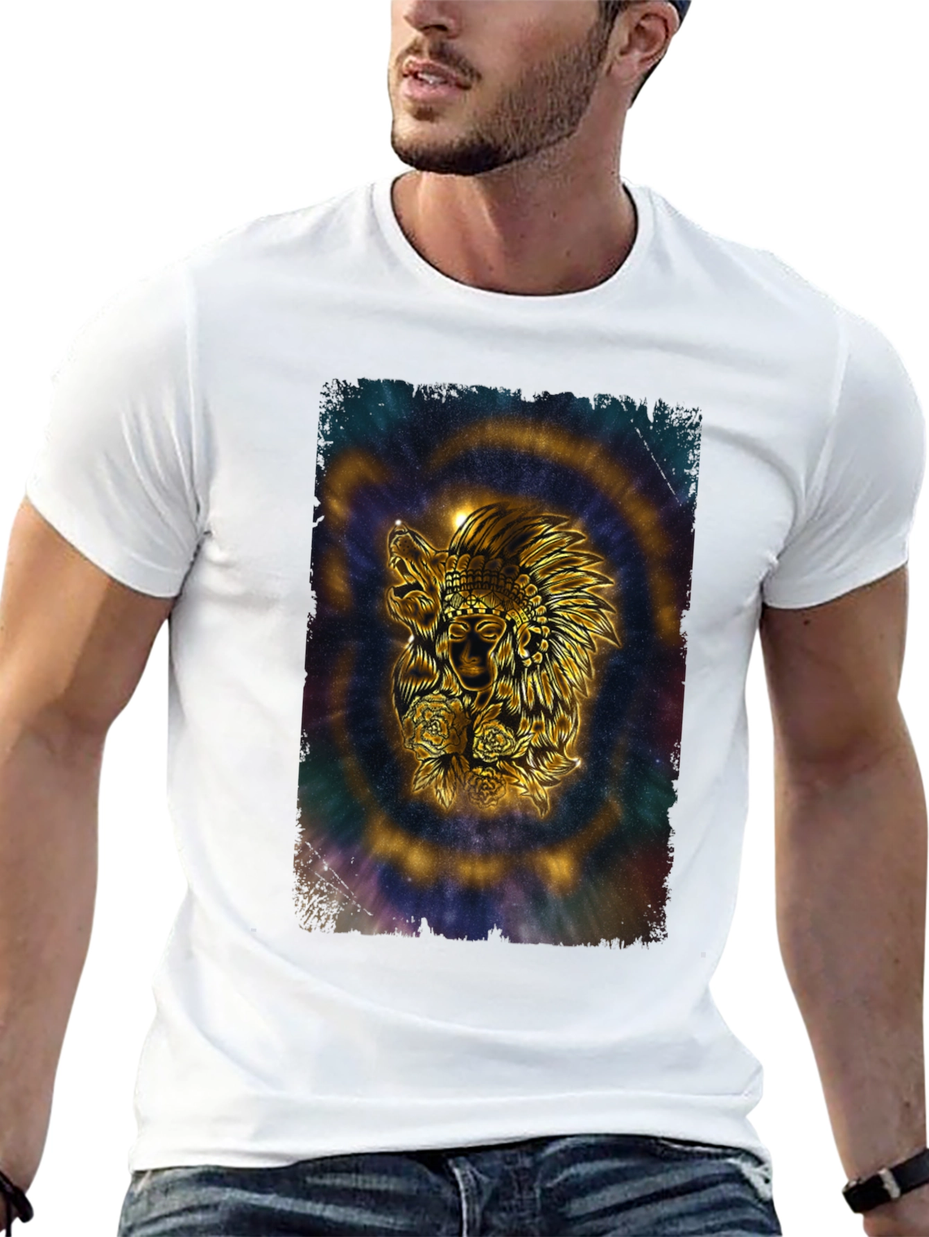 Black Native American Wolf Graphic T-Shirt - Black view 13