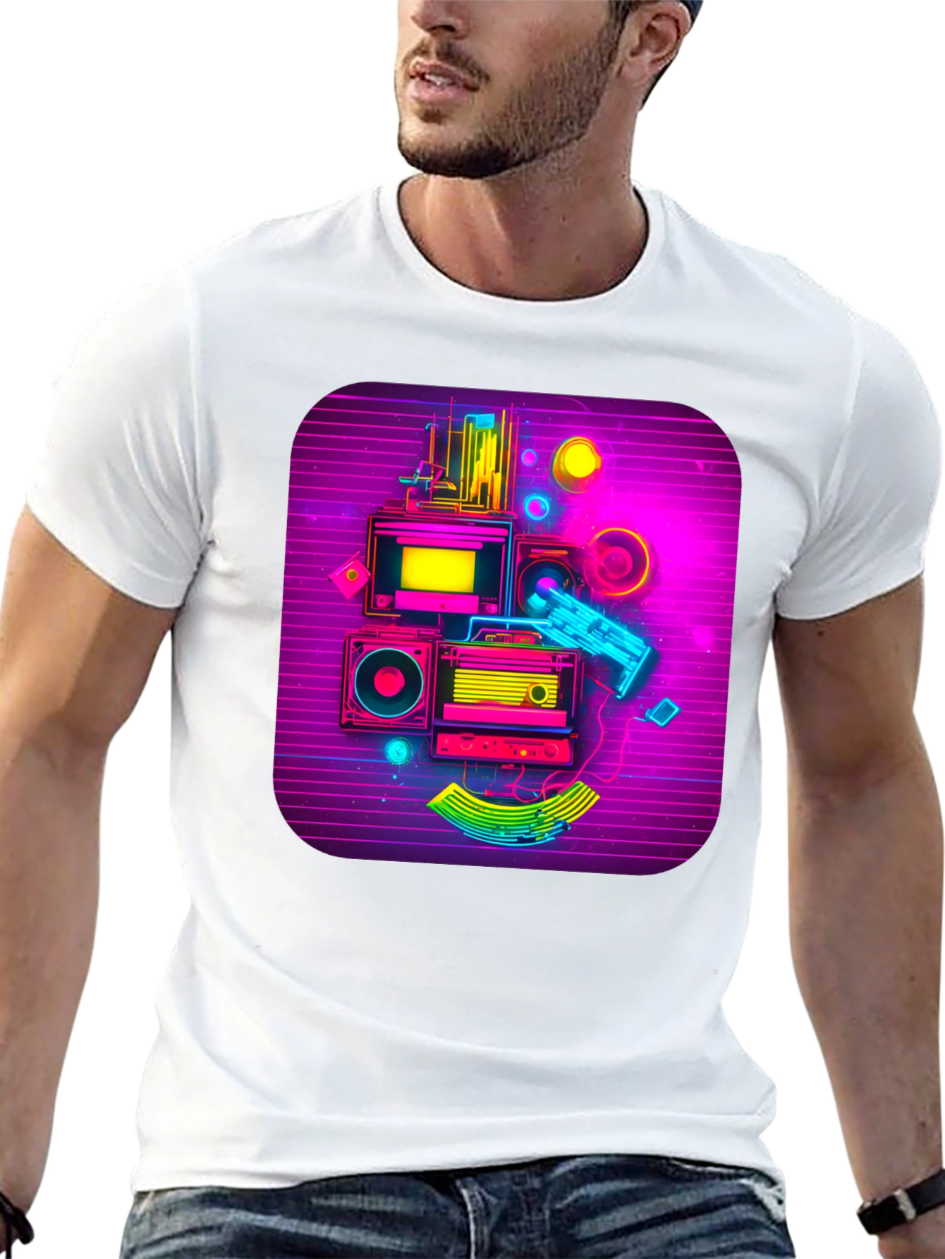 Black Retro Synthwave Music Graphic Tee view 13
