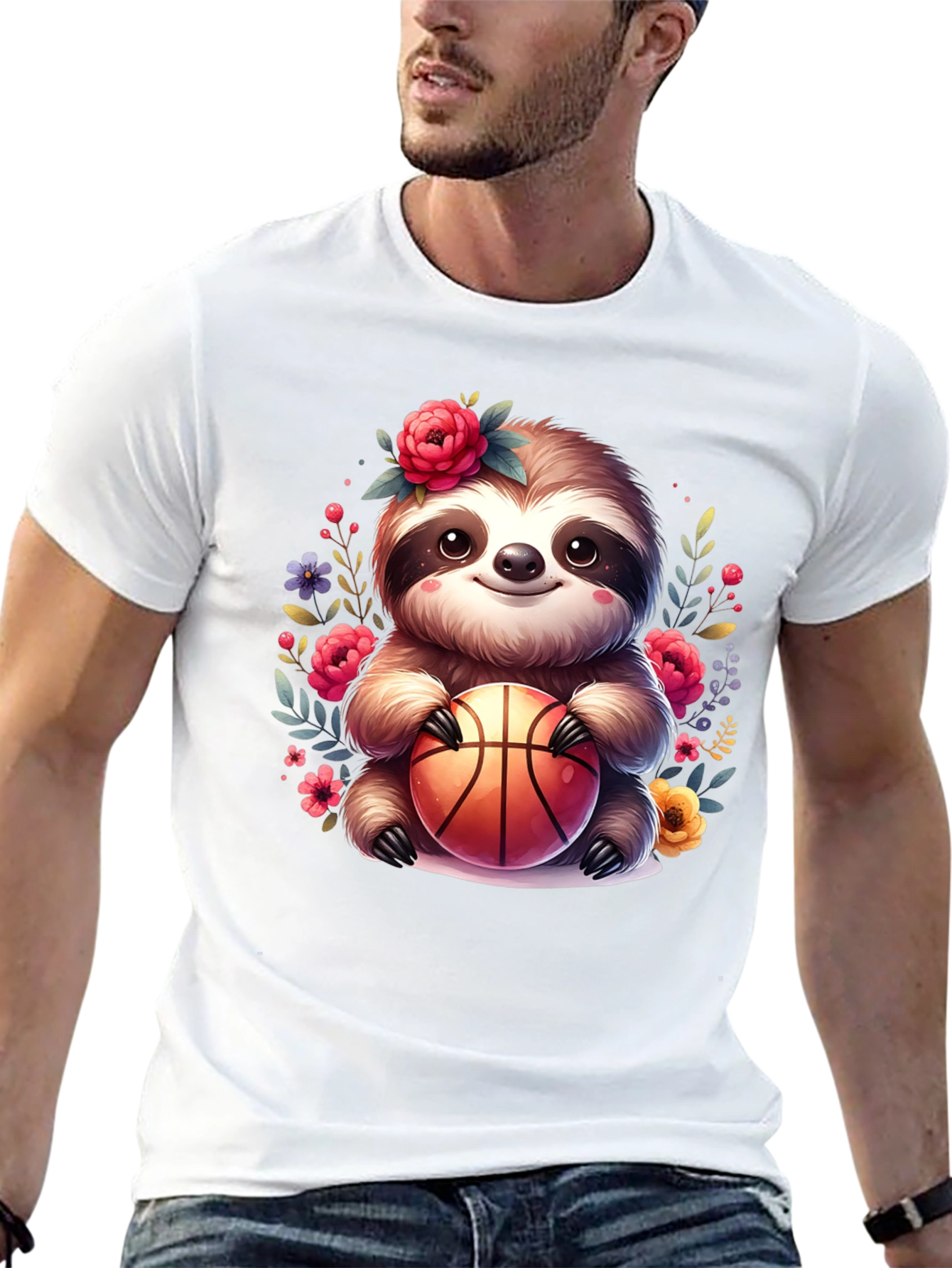 Black Sloth Basketball T-Shirt - Floral Cute Design view 13