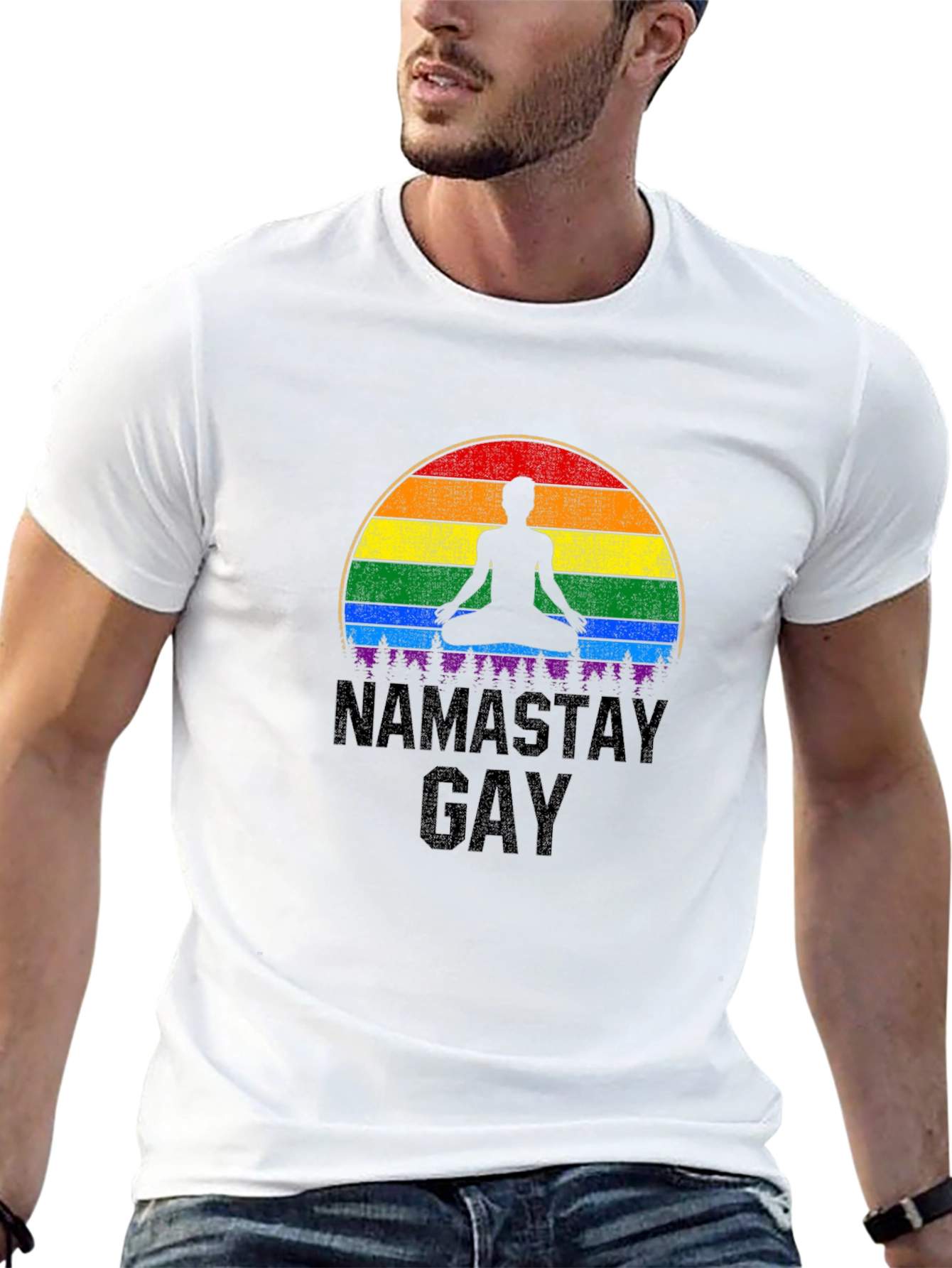 Black Namastay Gay T-Shirt: Pride Rainbow Yoga Tee view 13