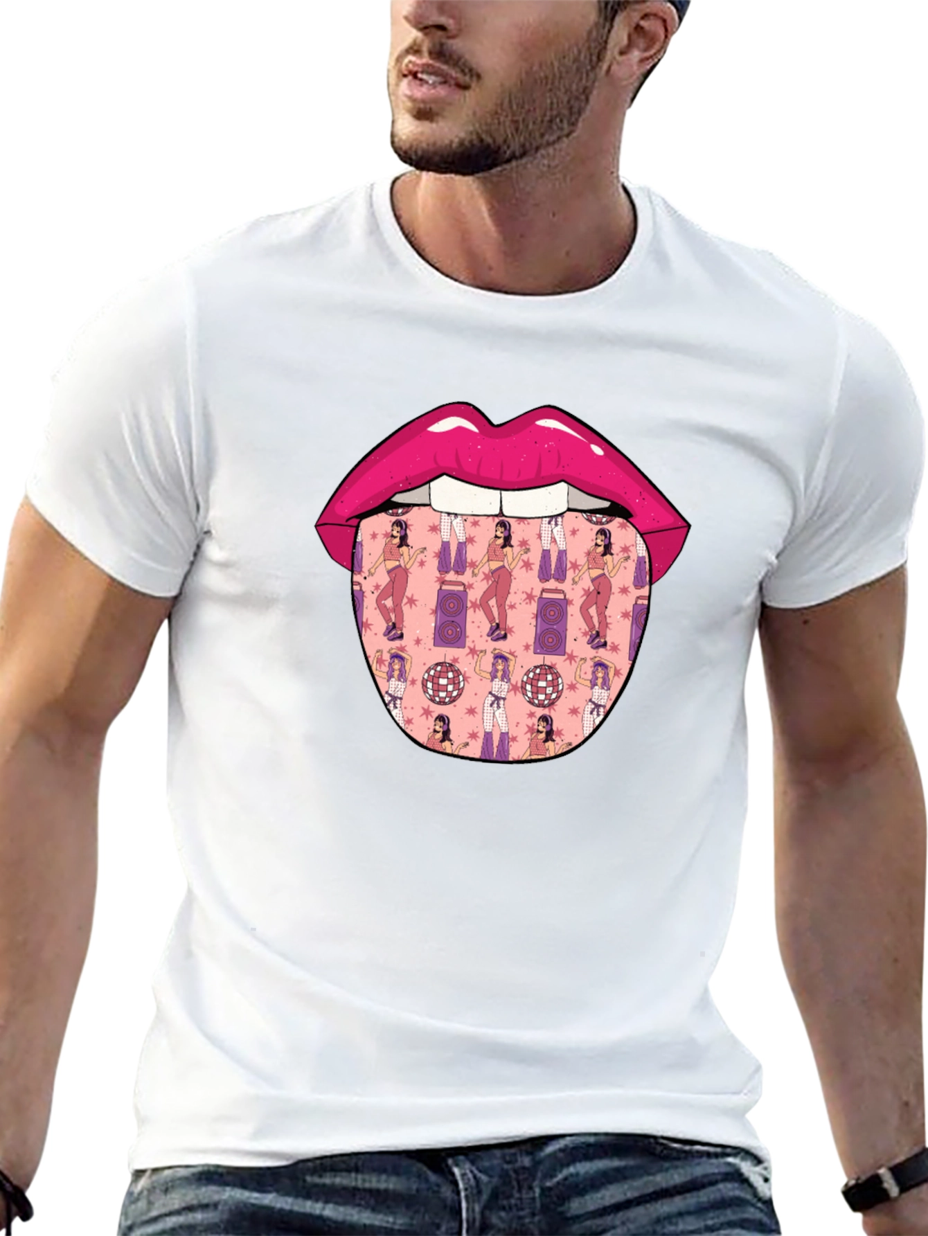 Black Novelty Lips Tongue Disco Pattern T-Shirt view 13