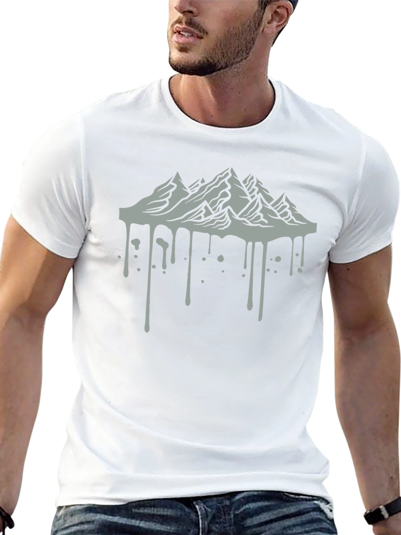 Black Men's Black Tee with Mountain Drip Design view 13