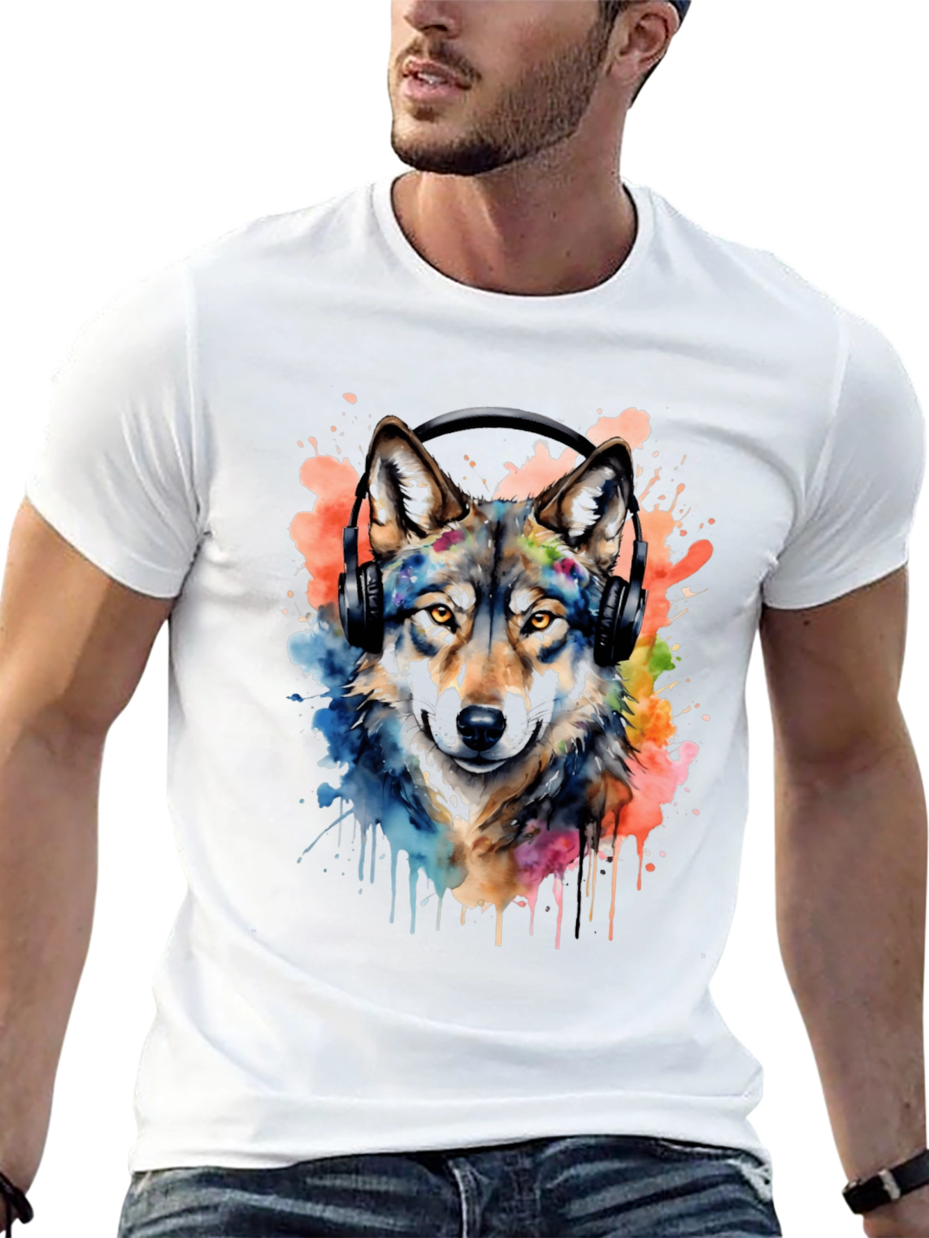 Black Wolf Headphone Graphic T-Shirt view 13
