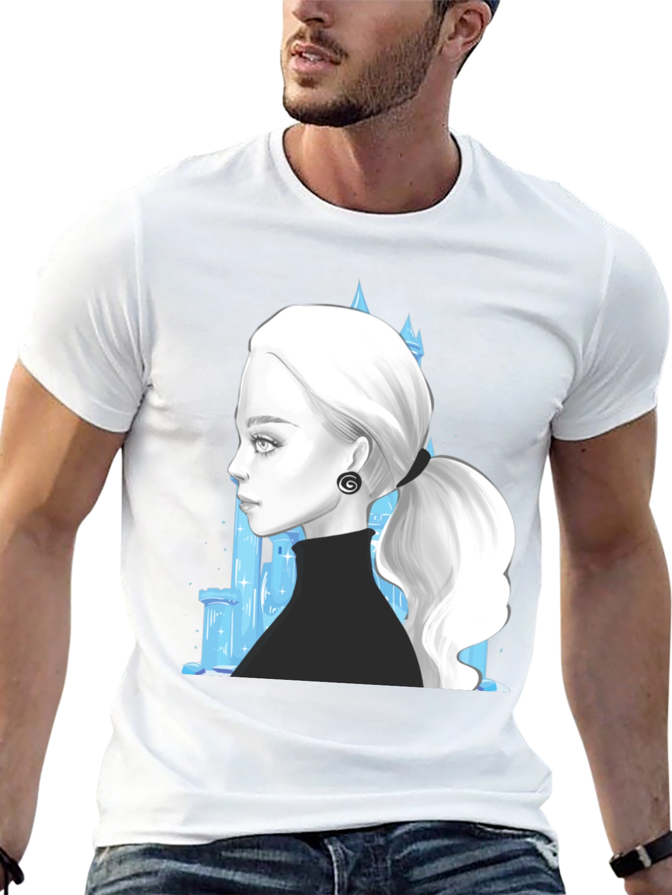 Black Elegant Woman & Ice Castle Graphic Black T-Shirt view 13