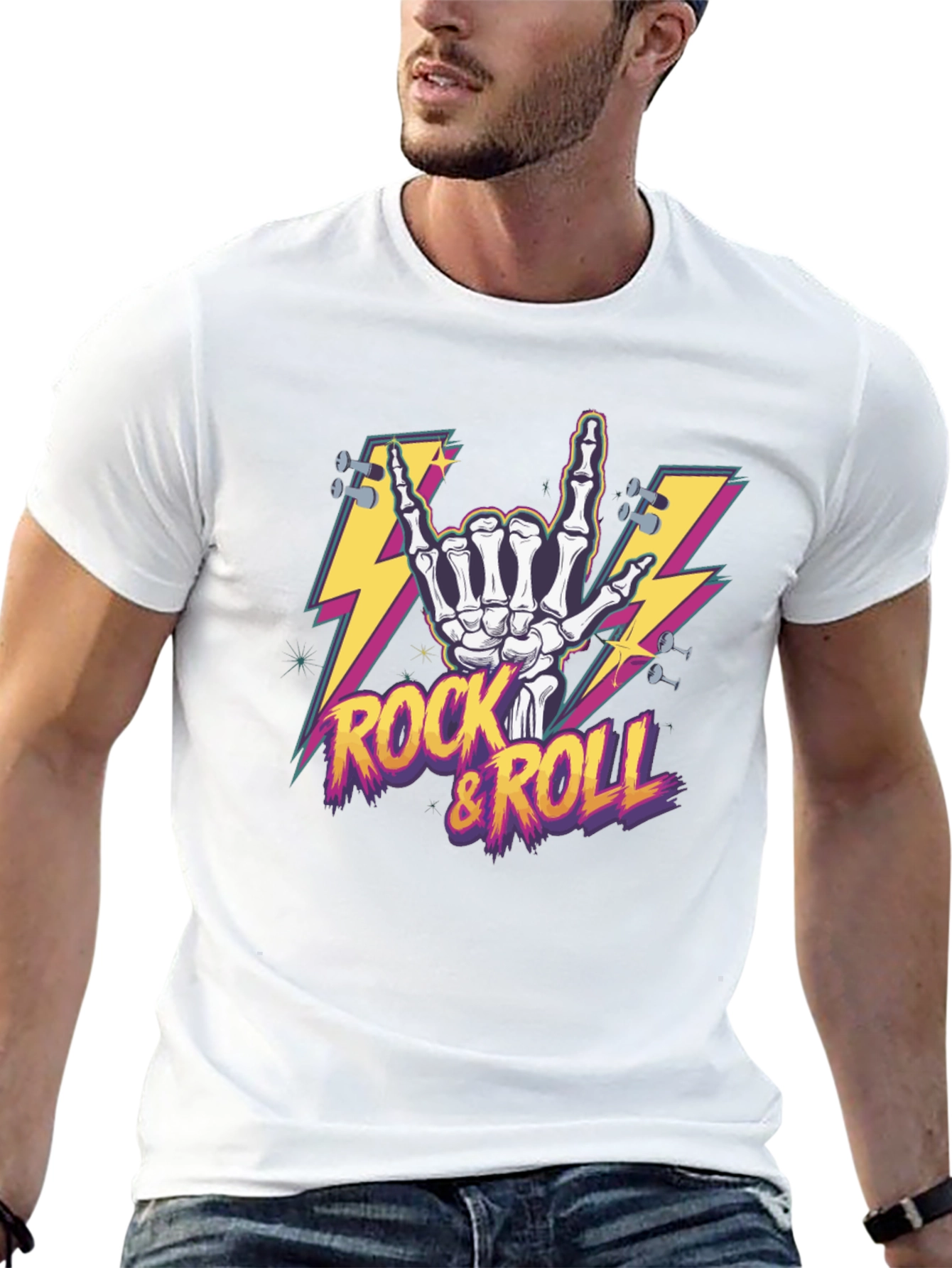 Black Rock & Roll Skeleton Hand Graphic T-Shirt view 13