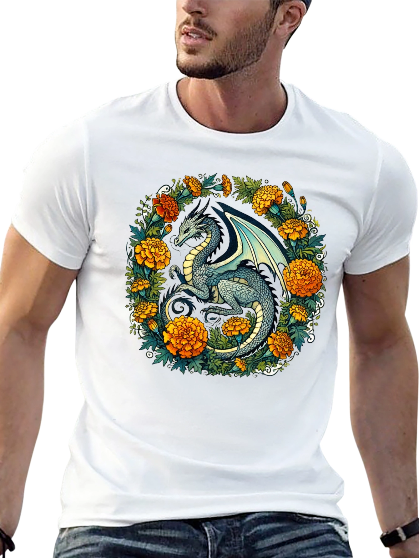 Black Dragon Floral T-Shirt - Fantasy Creature Graphic Tee view 13