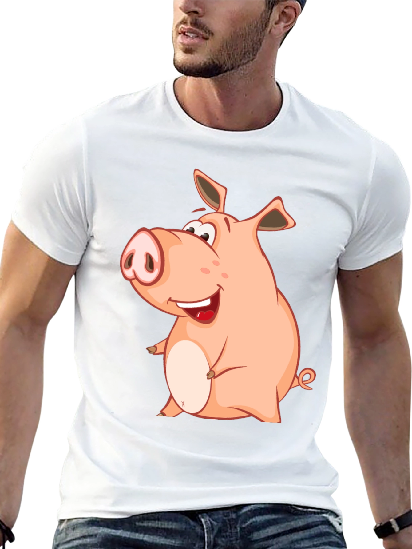 Black Funny Pig Cartoon Graphic Tee - Black Cotton Shirt view 13