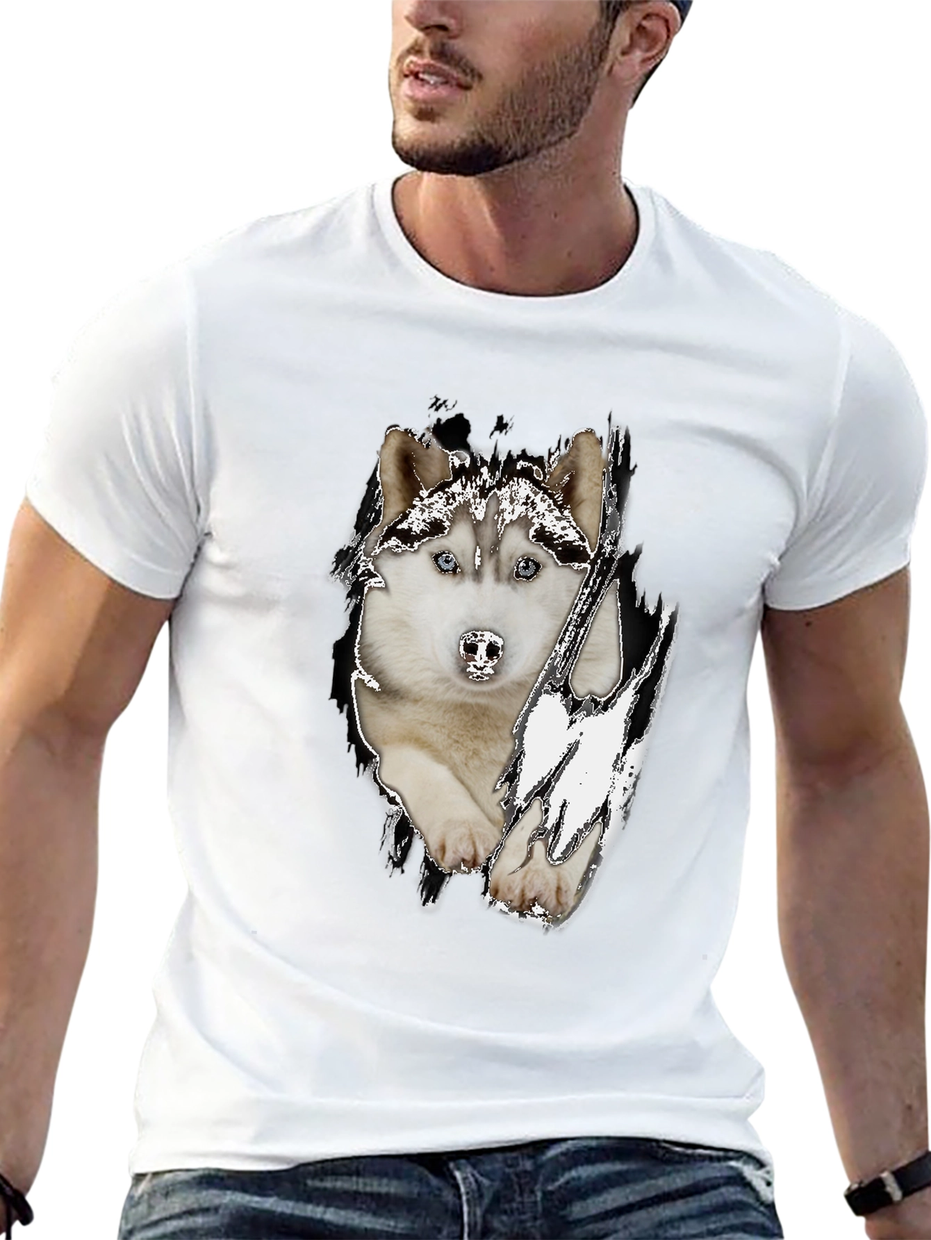 Black Husky Dog Graphic Black T-Shirt for Men view 13