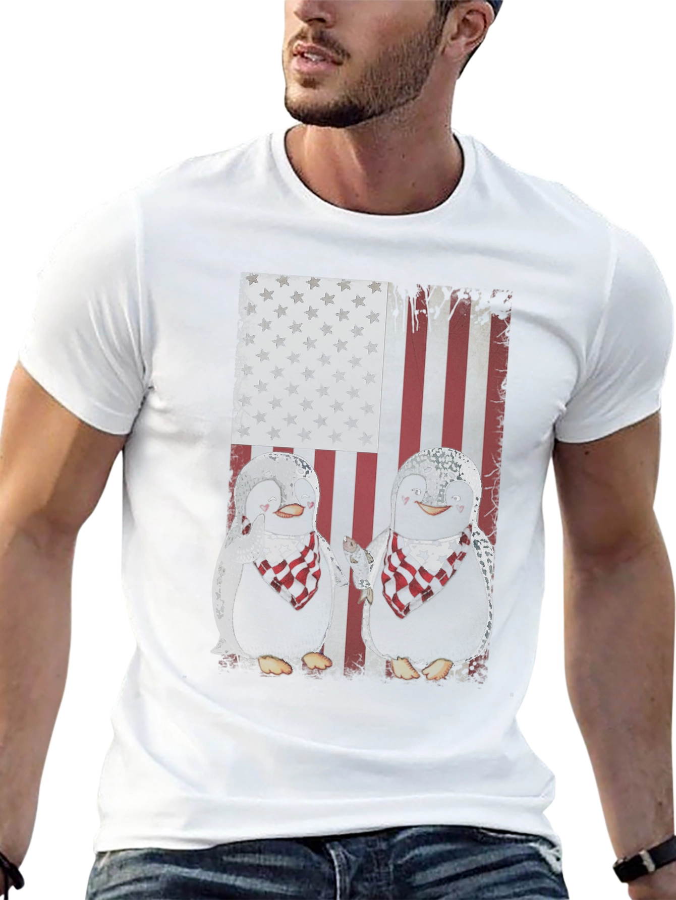 Black Patriotic Penguin American Flag Graphic T-Shirt view 13